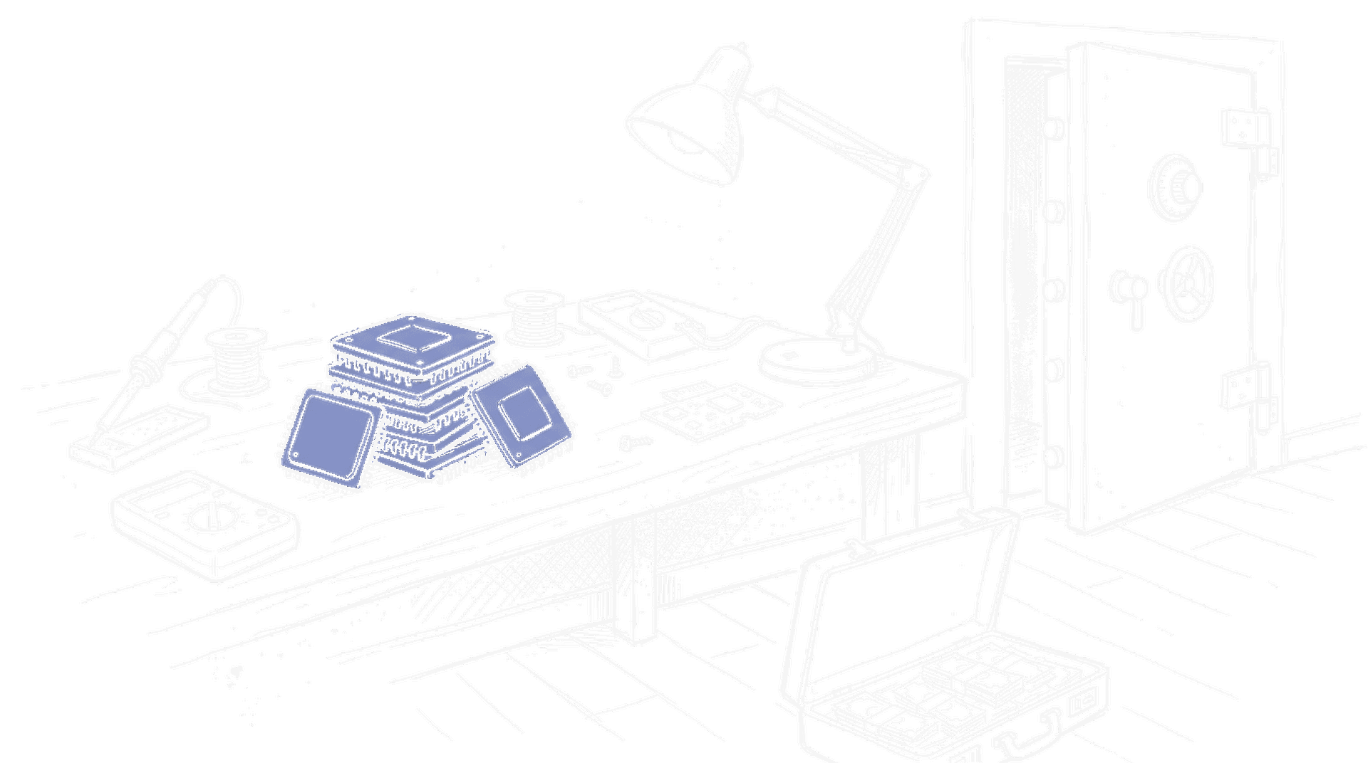 Stapel von Computer-Prozessor-Chips auf Werkbank, Tresor-Tür leicht offen, Geldkoffer auf dem Boden, kinewsletter.ch Stil