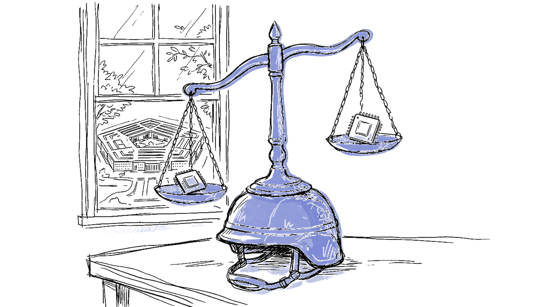 Illustration einer Waage der Gerechtigkeit neben einem Militärhelm und einem Computerchip – symbolisiert den Konflikt zwischen KI-Sicherheit und militärischen Forderungen