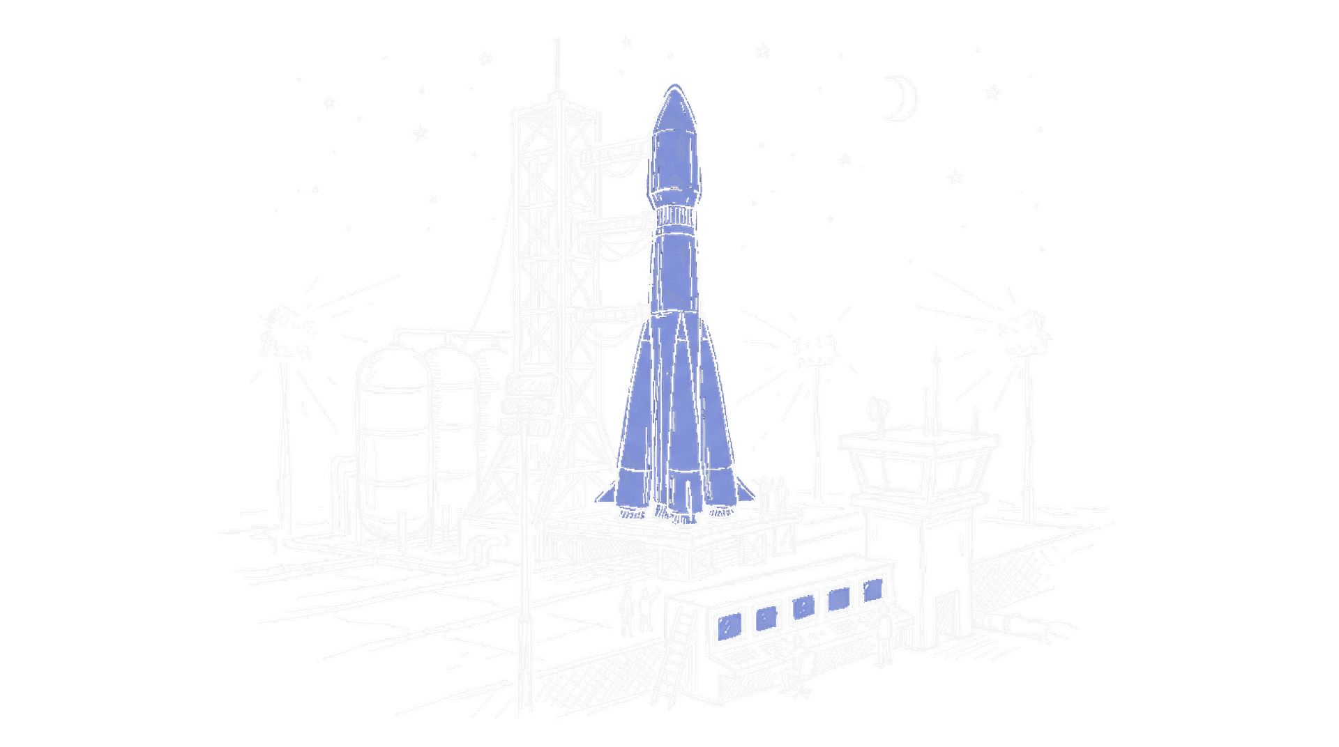 Illustration einer Rakete auf Startrampe nachts mit Kontrollturm, kinewsletter.ch Stil