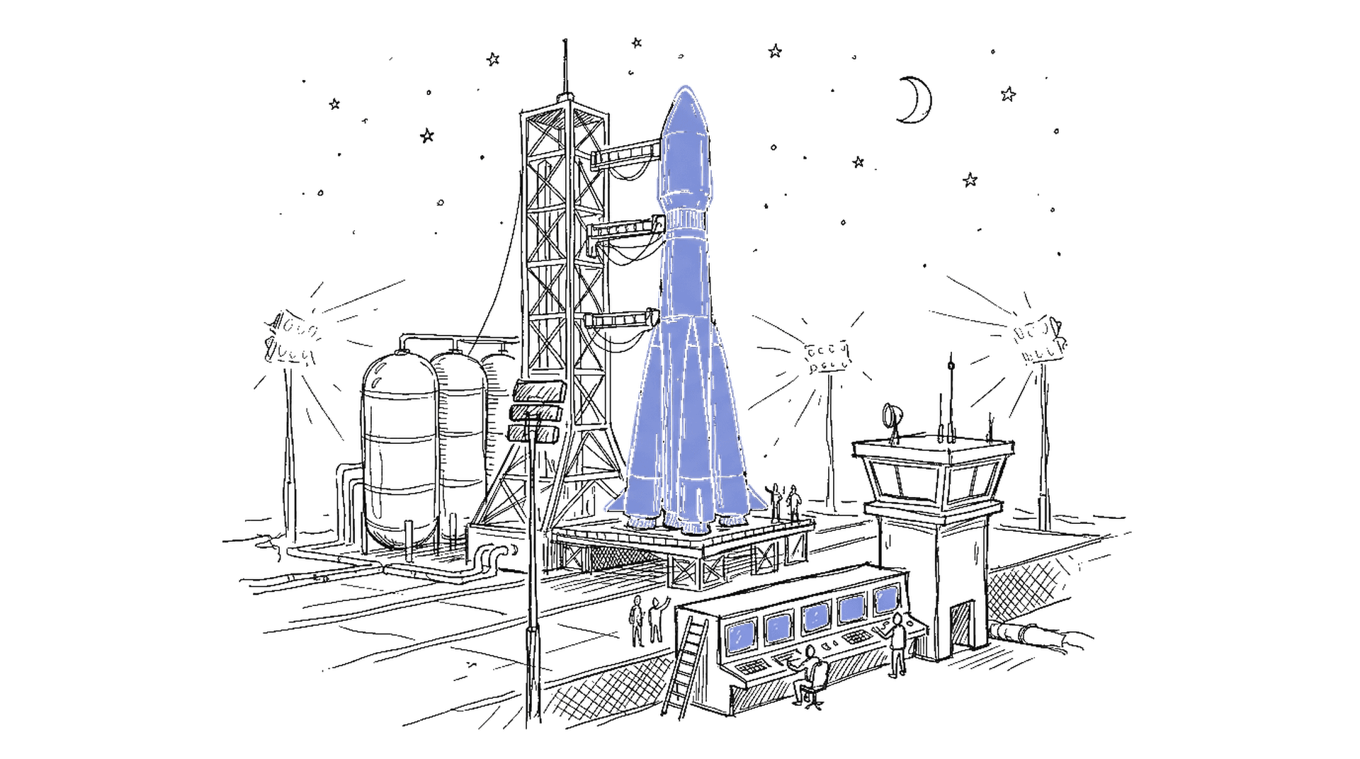 Illustration einer Rakete auf Startrampe nachts mit Kontrollturm, kinewsletter.ch Stil