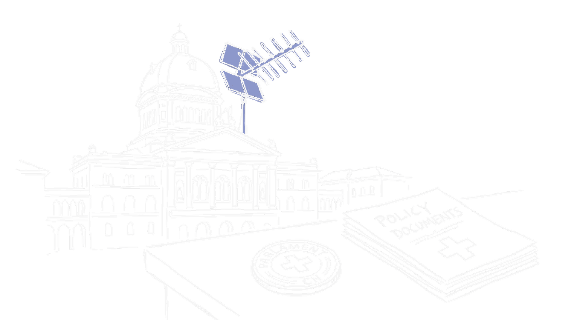 Illustration des Bundeshauses mit Antenne auf dem Dach, Amtssiegel und Stapel von Policy-Dokumenten – kinewsletter.ch Stil
