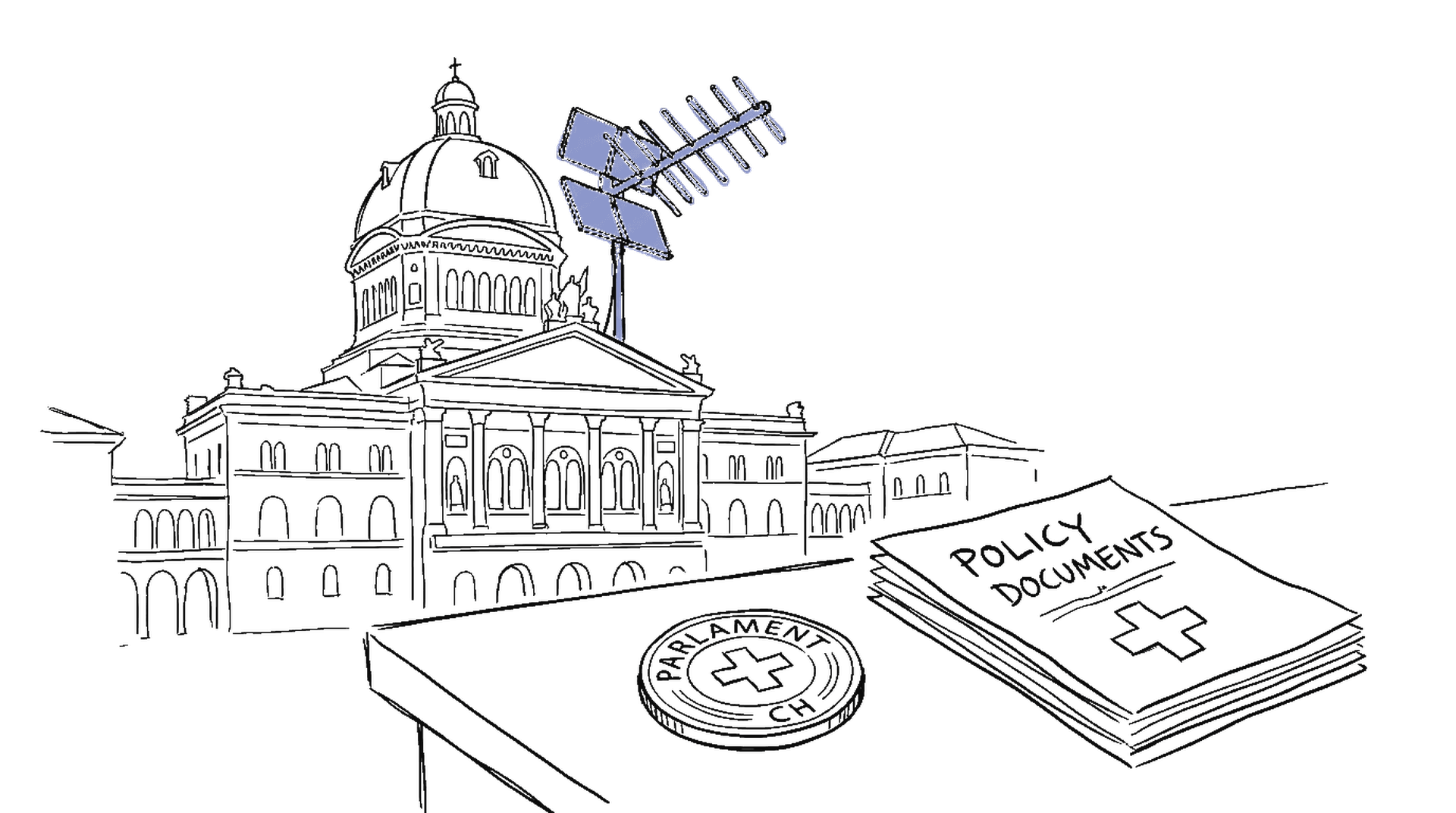 Illustration des Bundeshauses mit Antenne auf dem Dach, Amtssiegel und Stapel von Policy-Dokumenten – kinewsletter.ch Stil
