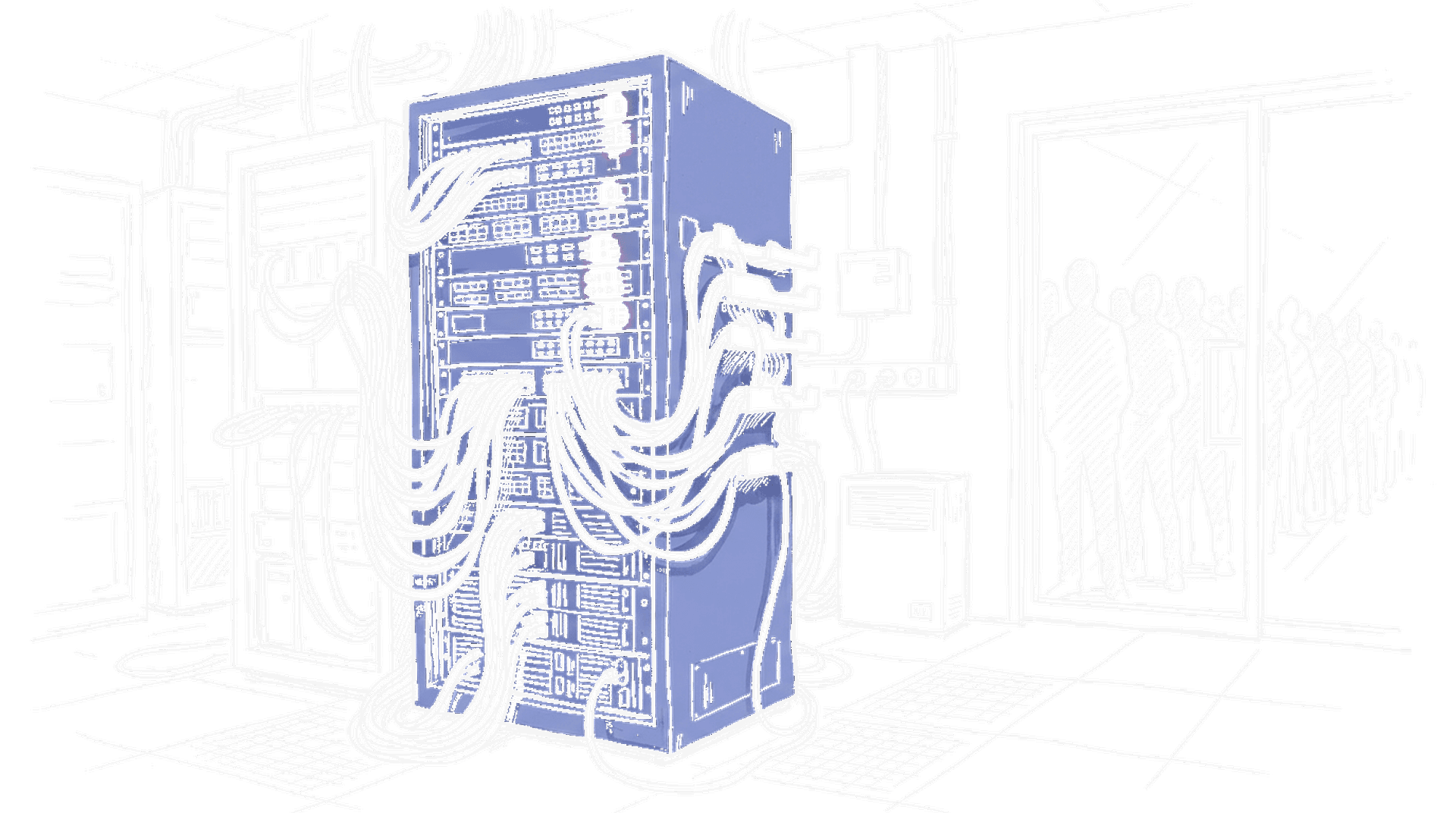 Illustration eines überlasteten Serverraums mit blinkenden Warnlichtern und Warteschlange, kinewsletter.ch Stil