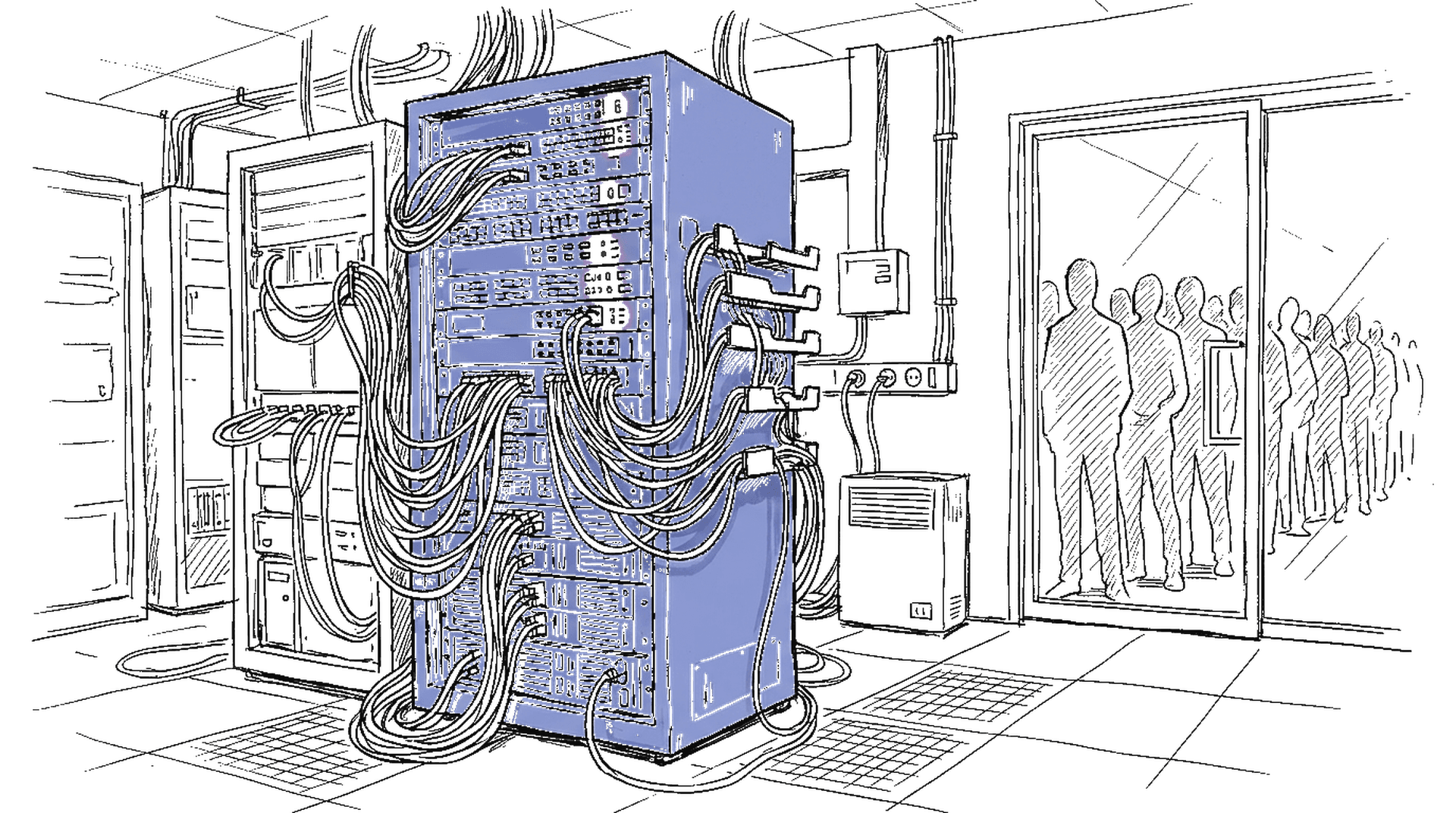 Illustration eines überlasteten Serverraums mit blinkenden Warnlichtern und Warteschlange, kinewsletter.ch Stil