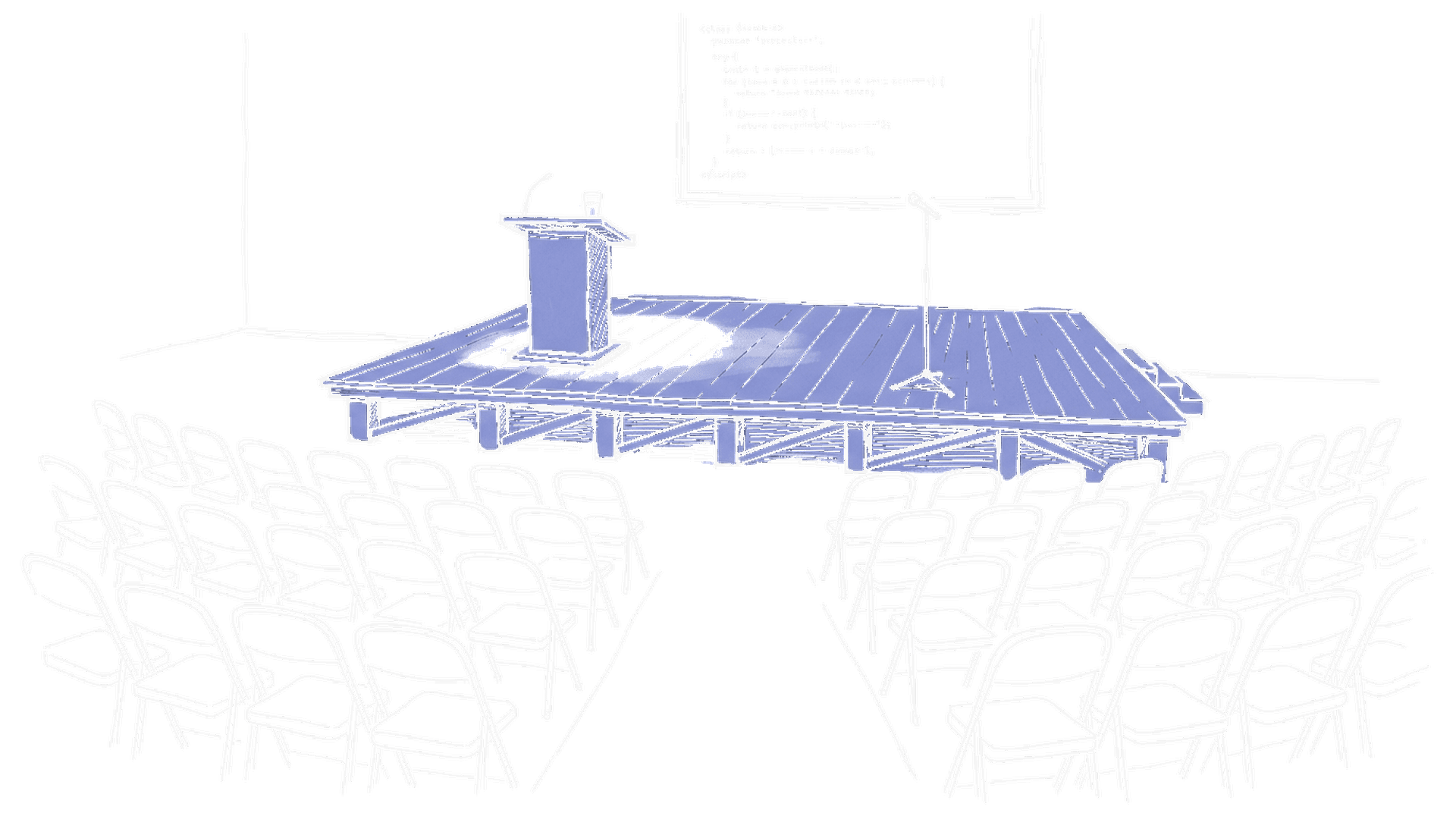 Holzauditorium-Bühne mit Mikrofon, Diaprojektor mit Code-Slide, Stuhlreihen, Wasserglas am Pult, kinewsletter.ch Stil