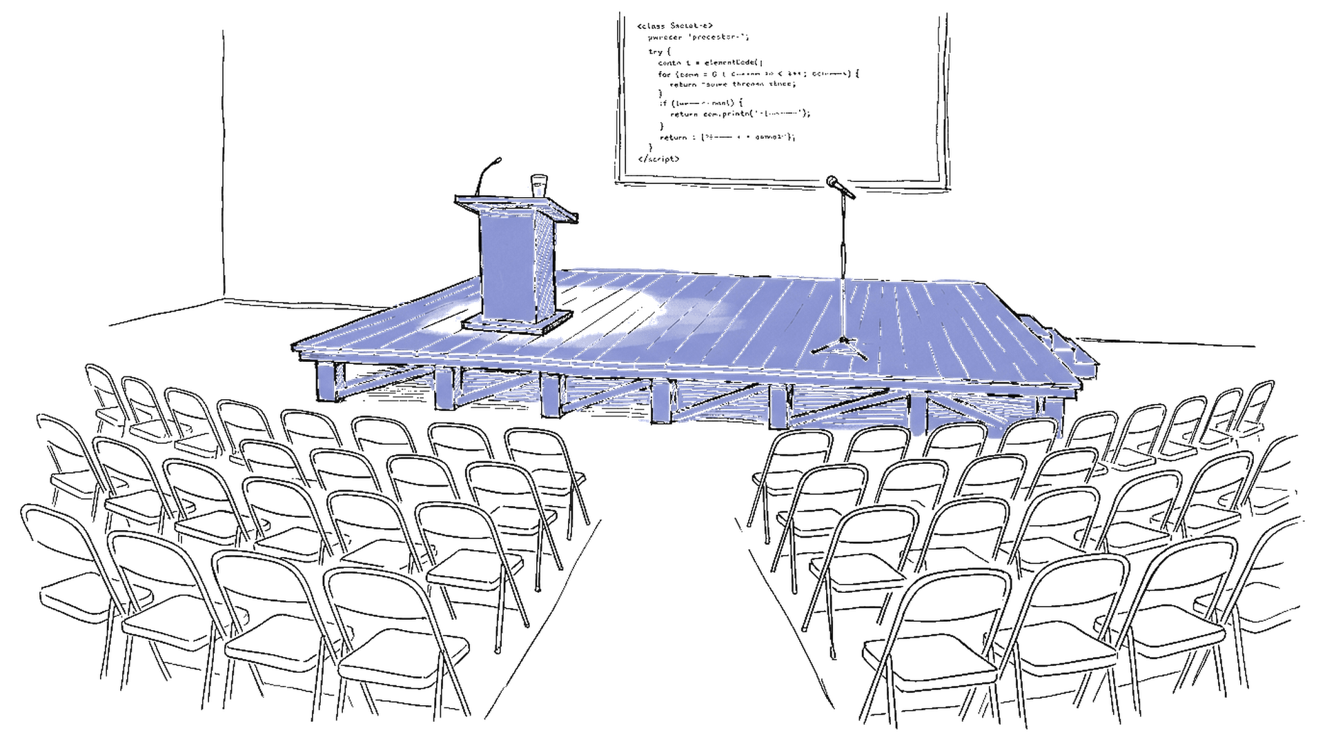 Holzauditorium-Bühne mit Mikrofon, Diaprojektor mit Code-Slide, Stuhlreihen, Wasserglas am Pult, kinewsletter.ch Stil