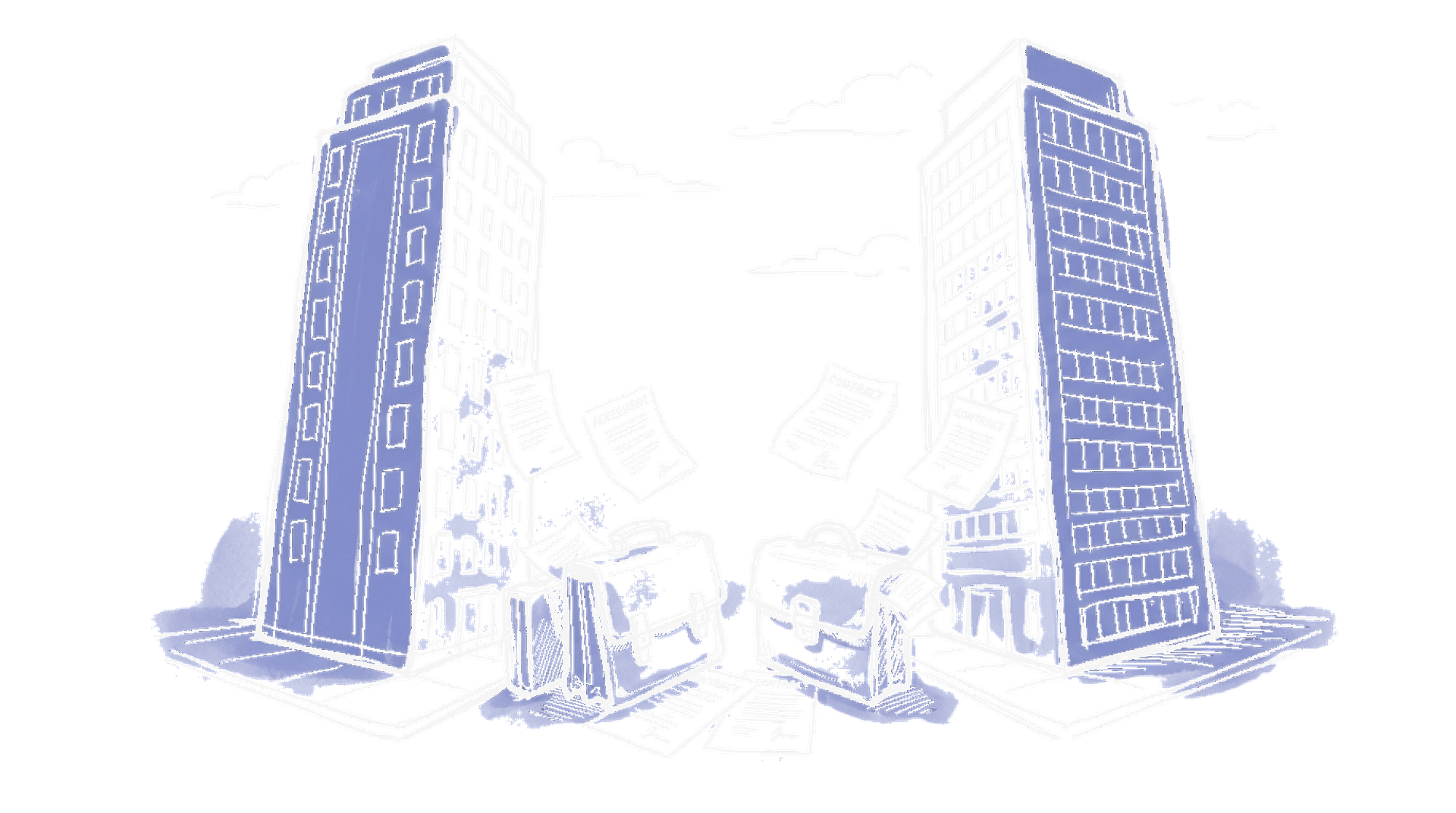 Illustration zweier Hochhäuser mit Aktentaschen und Verträgen, kinewsletter.ch Stil