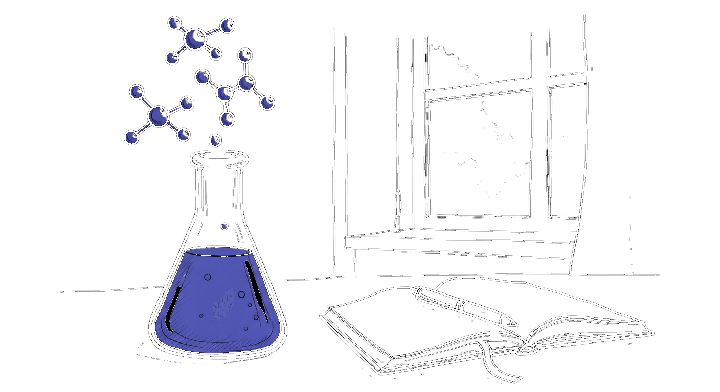 Minimalistische Illustration einer Molekülstruktur an einem Protein, Mikroskop und Erlenmeyerkolben – im Stil von kinewsletter.ch mit türkisem Akzent