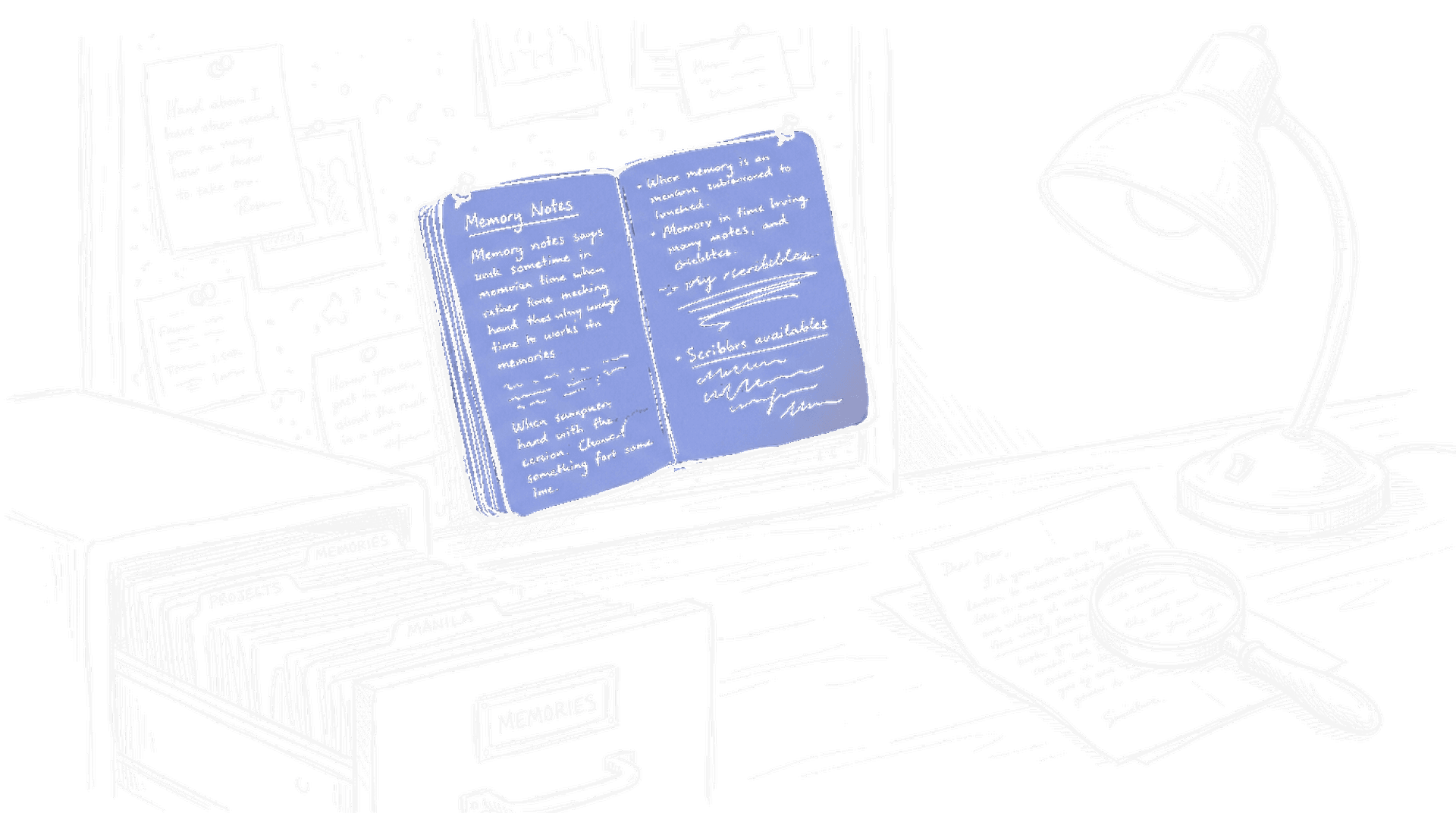 Aufgeschlagenes Notizbuch mit handgeschriebenen Memory-Notizen, Aktenschrank mit Karteikarten, Lupe auf altem Brief, kinewsletter.ch Stil