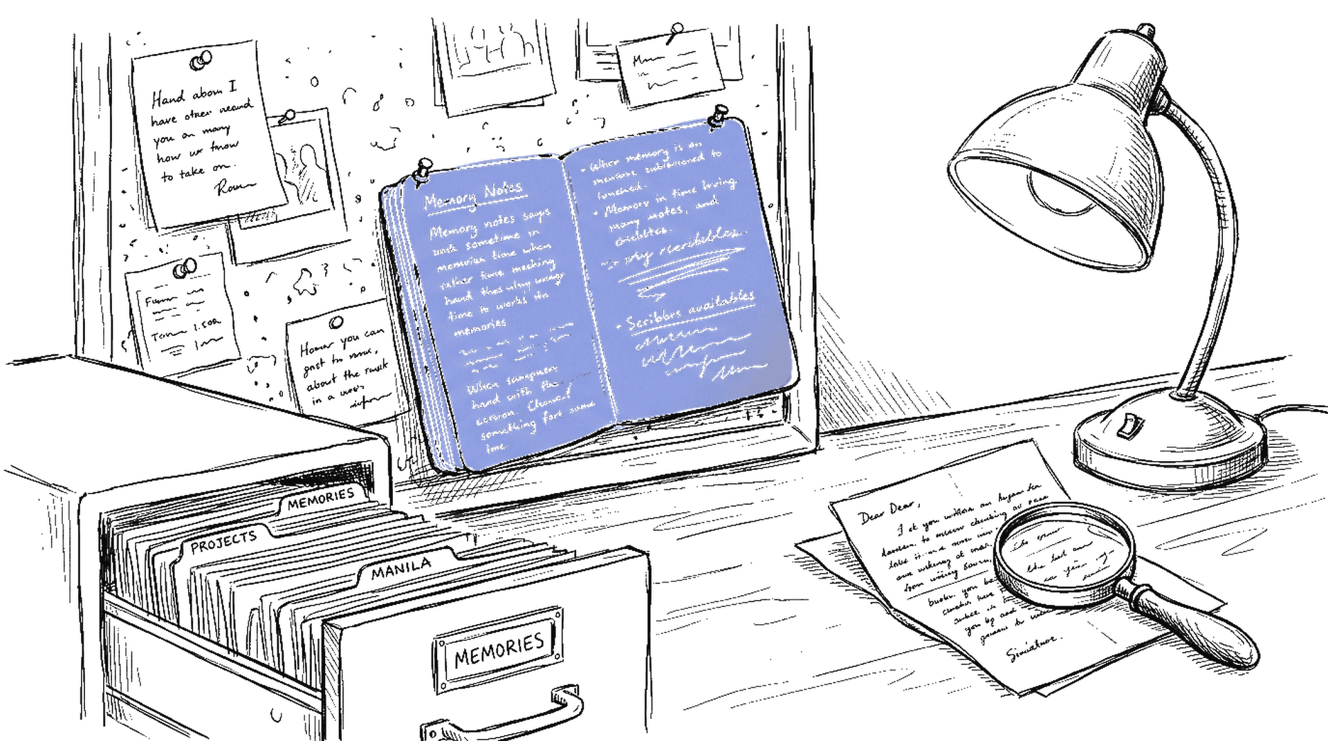 Aufgeschlagenes Notizbuch mit handgeschriebenen Memory-Notizen, Aktenschrank mit Karteikarten, Lupe auf altem Brief, kinewsletter.ch Stil