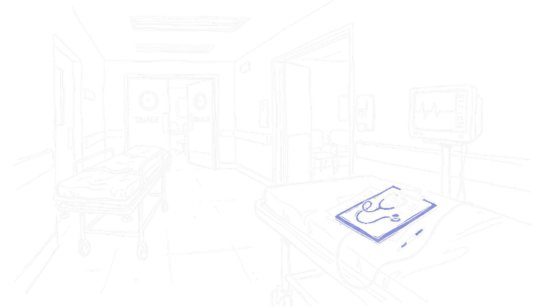 Illustration eines Notfallraum-Korridors mit Stretcher, Stethoskop und Vital-Monitor, kinewsletter.ch Stil