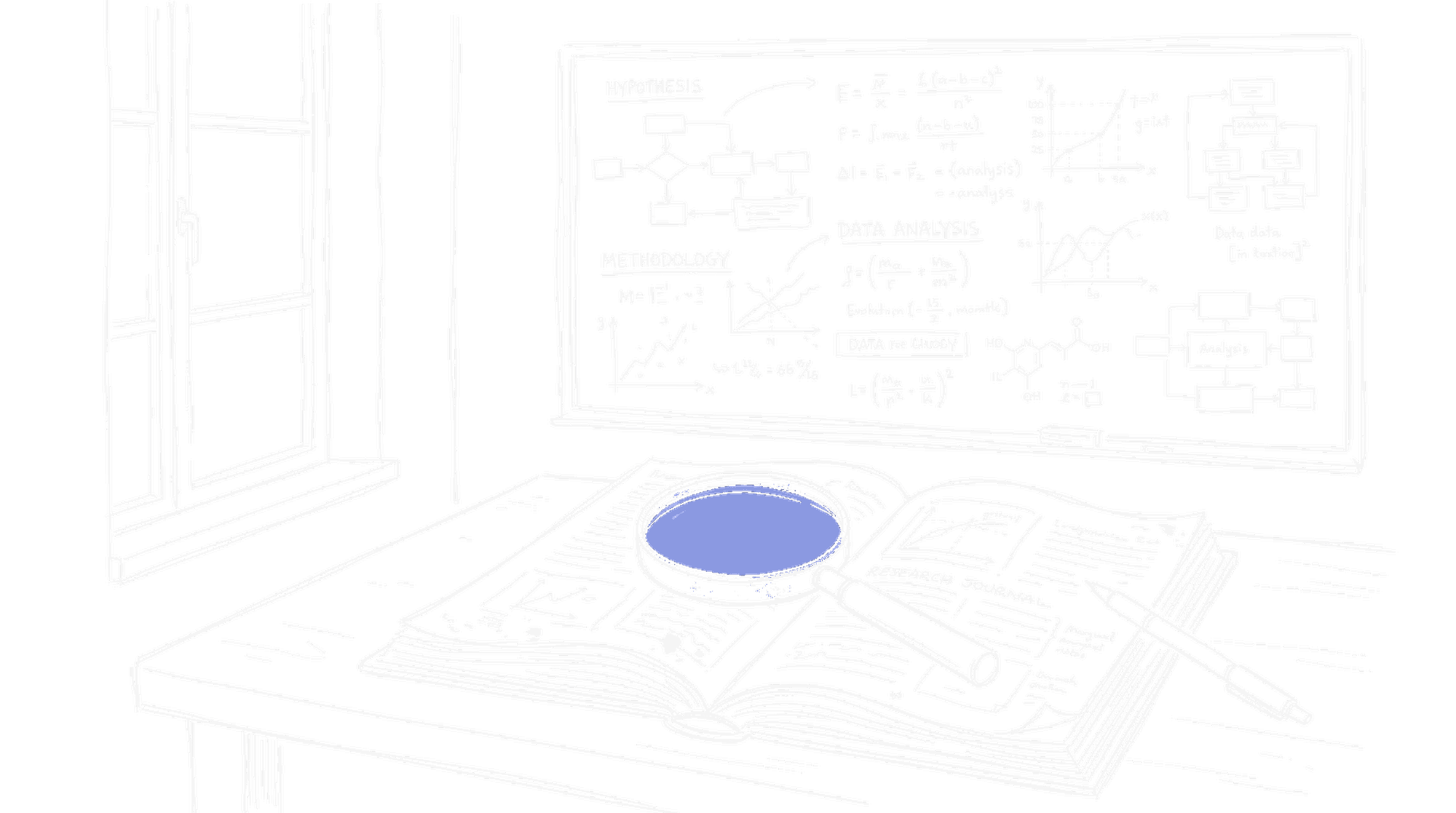 Illustration eines Whiteboards mit Forschungsdiagrammen und einer Lupe auf einem offenen Journal, kinewsletter.ch Stil
