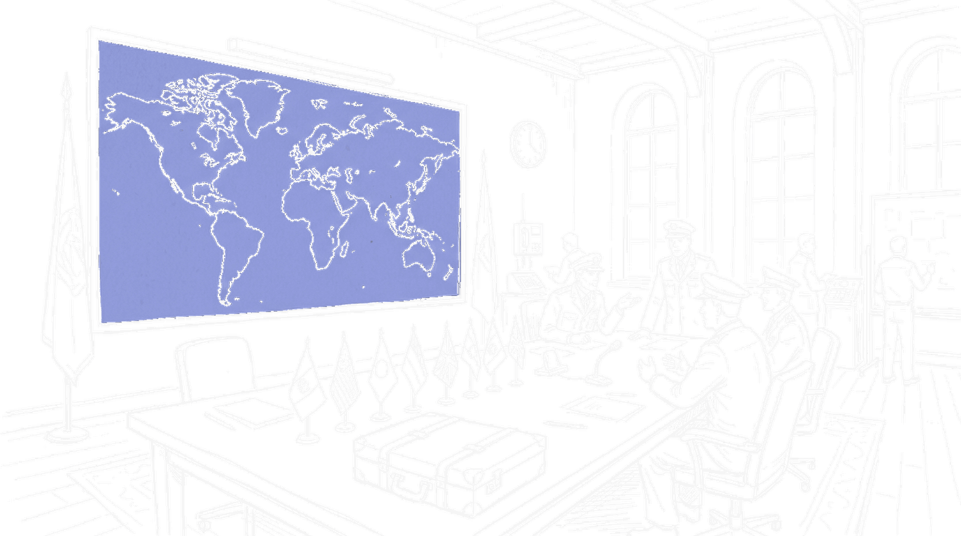Illustration eines militärischen Kommandoraums mit Weltkarte, Flaggen und Konferenztisch im kinewsletter.ch Sketch-Stil