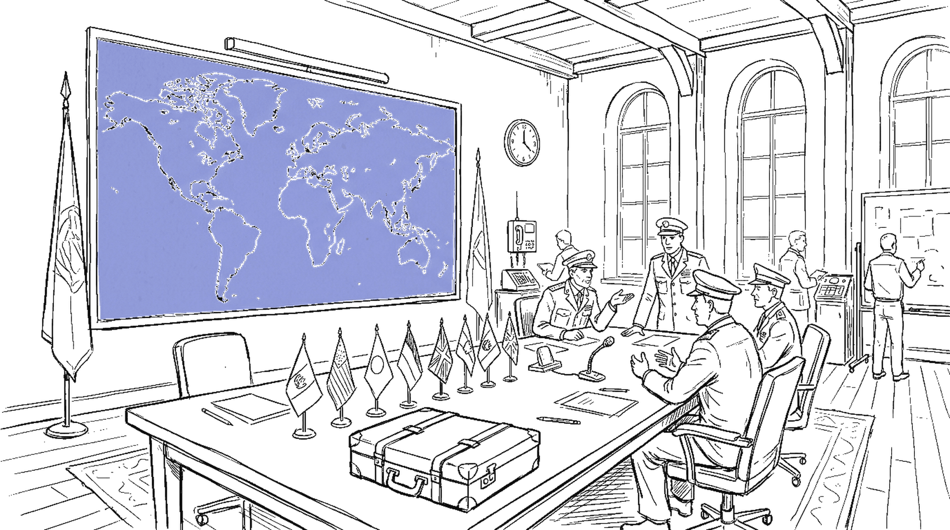 Illustration eines militärischen Kommandoraums mit Weltkarte, Flaggen und Konferenztisch im kinewsletter.ch Sketch-Stil