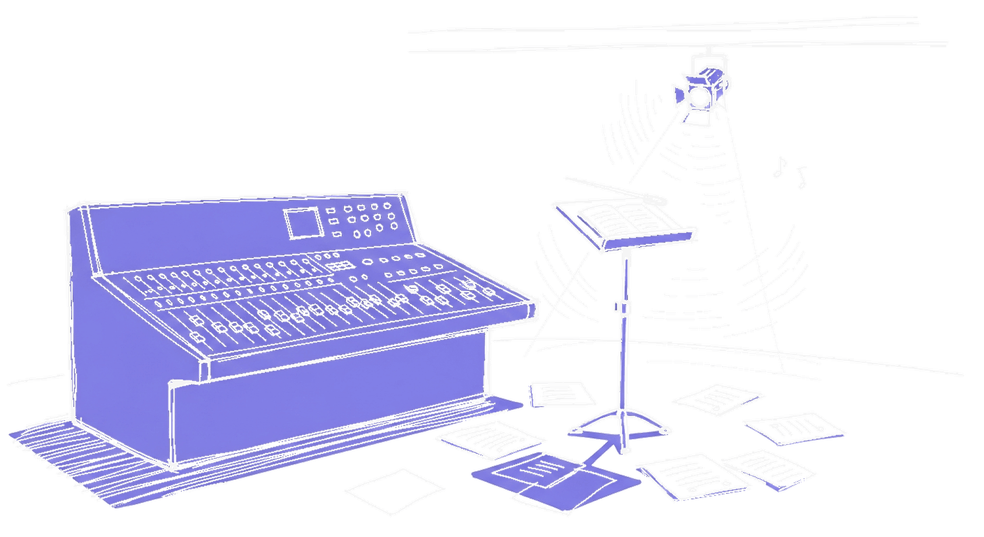 Illustration eines Mischpults mit Dirigentenpult und verstreuten Notenblättern – symbolisiert Perplexitys Multi-Agent-Orchestrierung