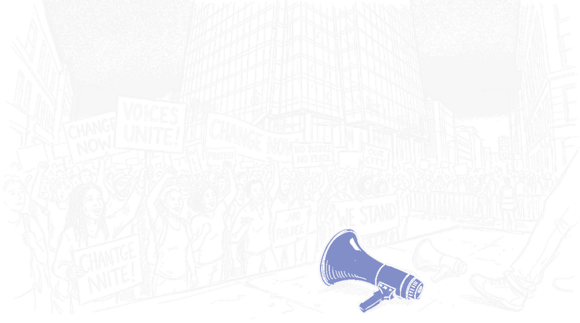 Illustration einer Protestszene mit Megaphon und Demonstranten vor einem Firmengebäude, kinewsletter.ch Stil