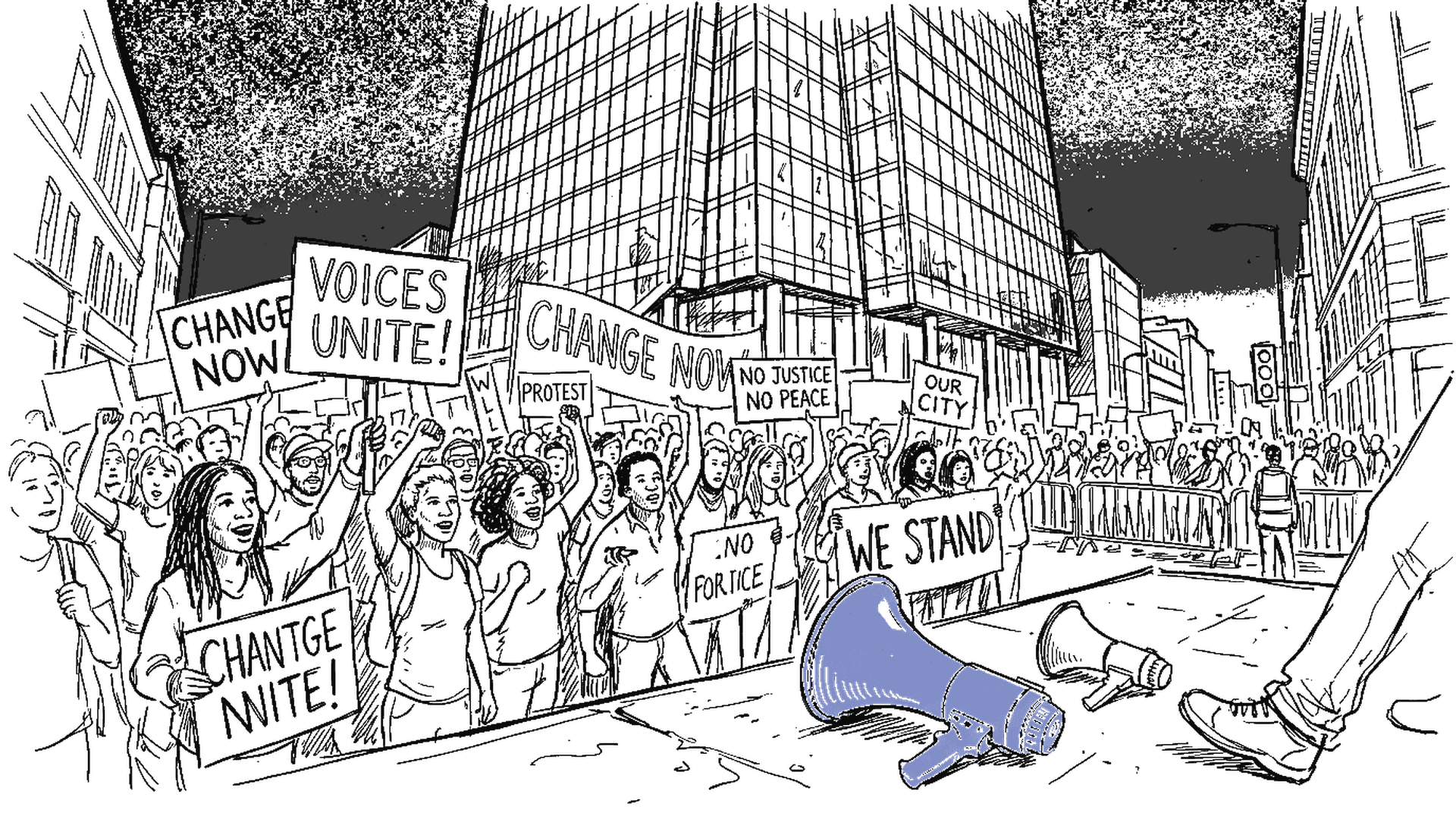 Illustration einer Protestszene mit Megaphon und Demonstranten vor einem Firmengebäude, kinewsletter.ch Stil