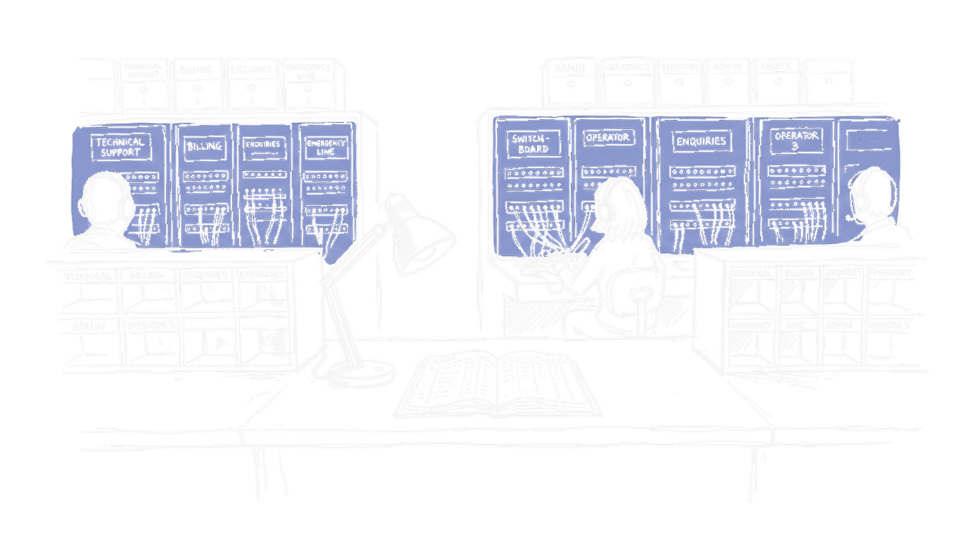 Illustration eines Customer-Service-Centers mit Switchboards und Hauptbuch, kinewsletter.ch Stil