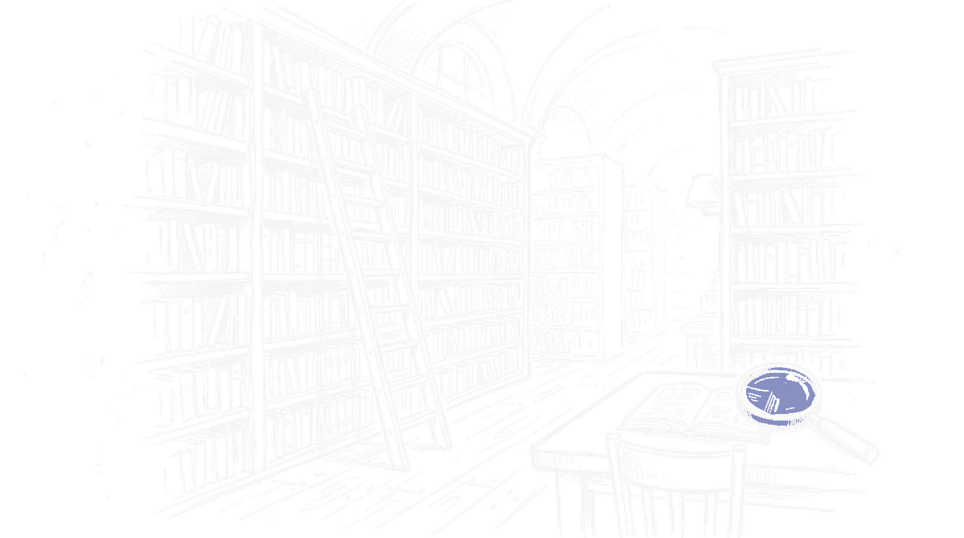 Illustration einer Bibliothek mit Bücherregalen, Leiter und Lupe auf Lesetisch, kinewsletter.ch Stil