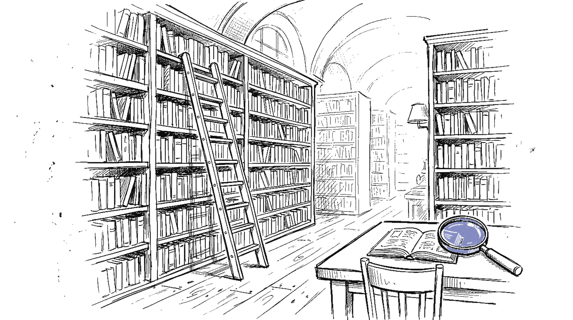 Illustration einer Bibliothek mit Bücherregalen, Leiter und Lupe auf Lesetisch, kinewsletter.ch Stil