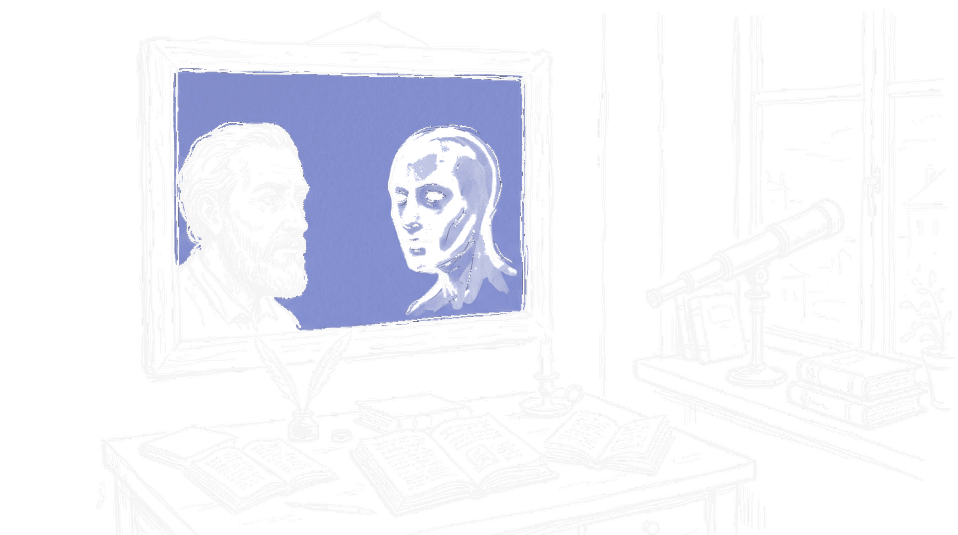 Illustration einer Spiegelreflexion mit zwei Gesichtern – Mensch und KI – als Metapher für die Bewusstseinsfrage, kinewsletter.ch Stil