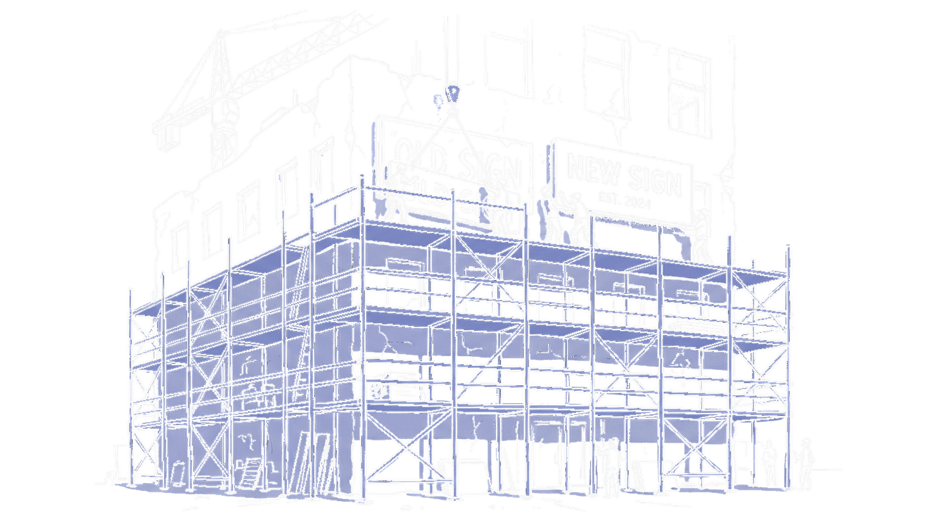 Illustration eines Baugerüsts an einem Gebäude, kinewsletter.ch Stil