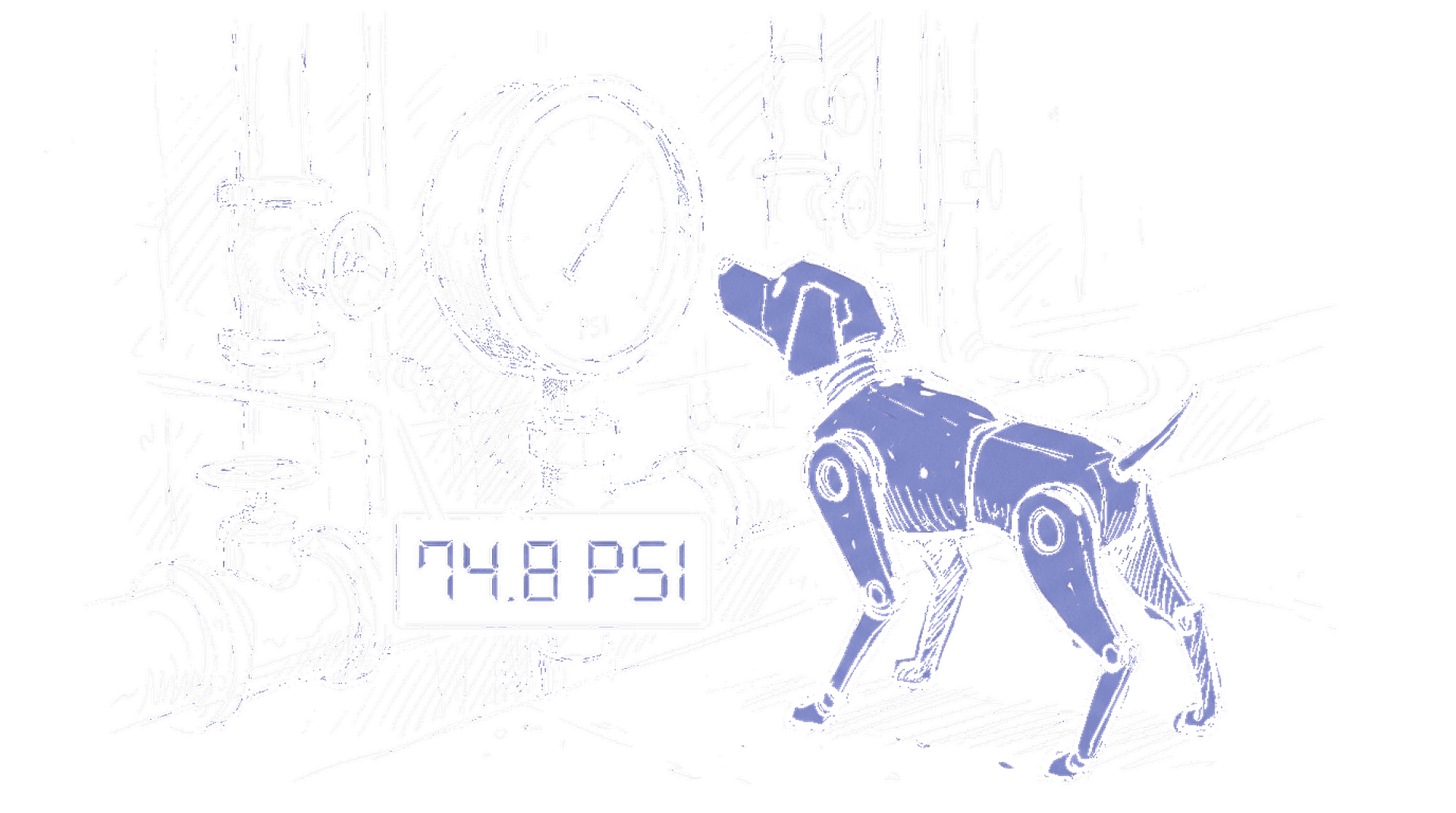 Handgezeichnete Skizze eines Roboterhunds vor einem industriellen Druckmesser mit digitalem Overlay