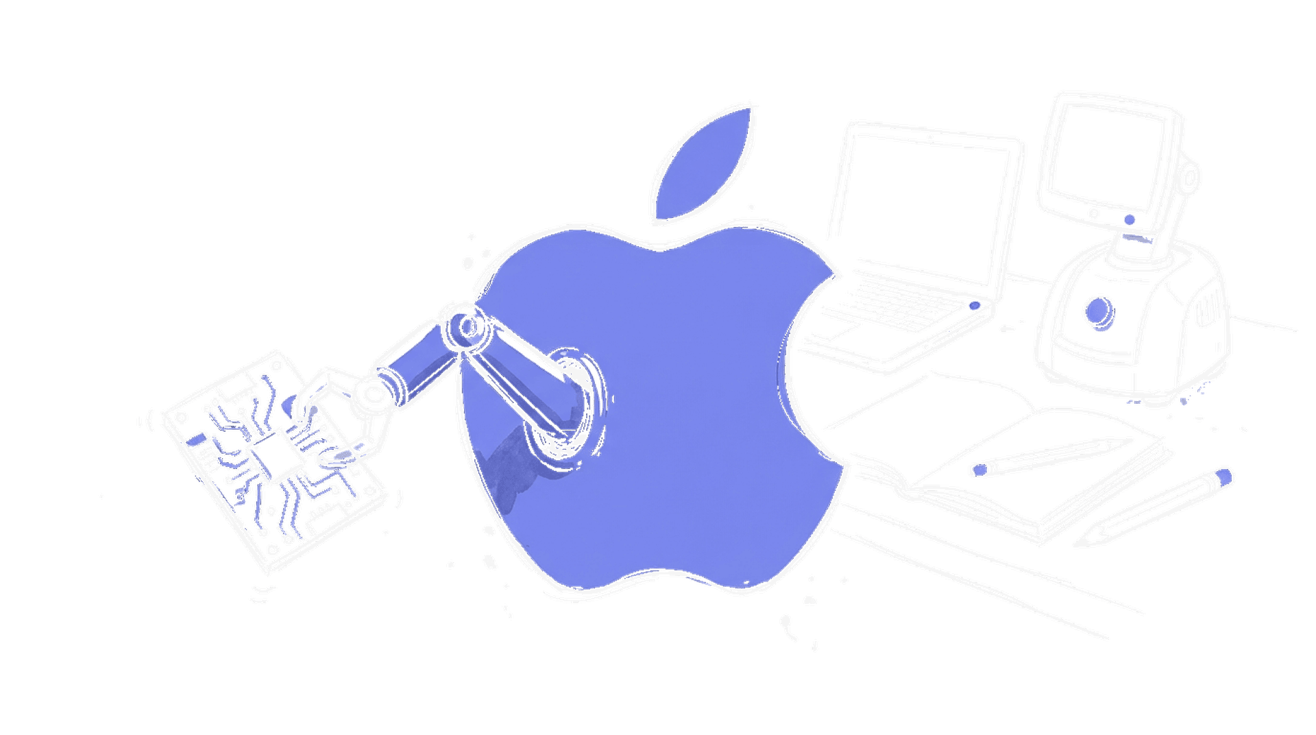 Handgezeichnete Skizze eines Apple-Logos mit Roboterarm und Schreibtisch mit Robotergerät