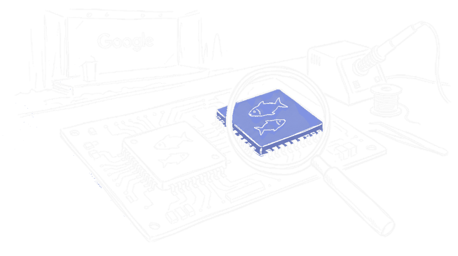 Handgezeichnete Skizze von Computerchips auf einer Platine mit Fisch-Gravuren und Konferenzbühne