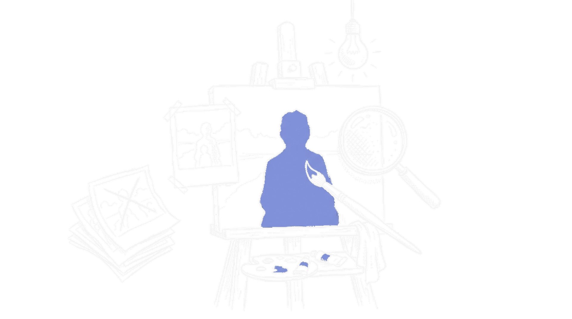 Handgezeichnete Skizze einer Staffelei mit Pinsel und Lupe