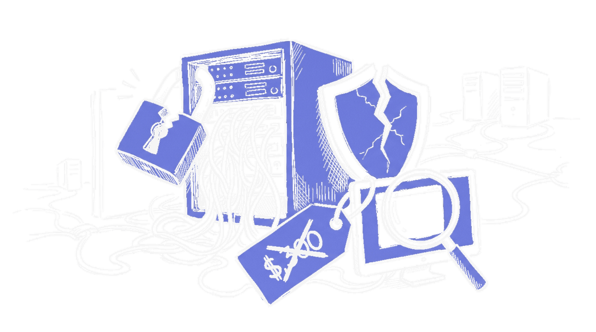 Handgezeichnete Skizze eines gebrochenen Vorhängeschlosses auf einem Serverrack