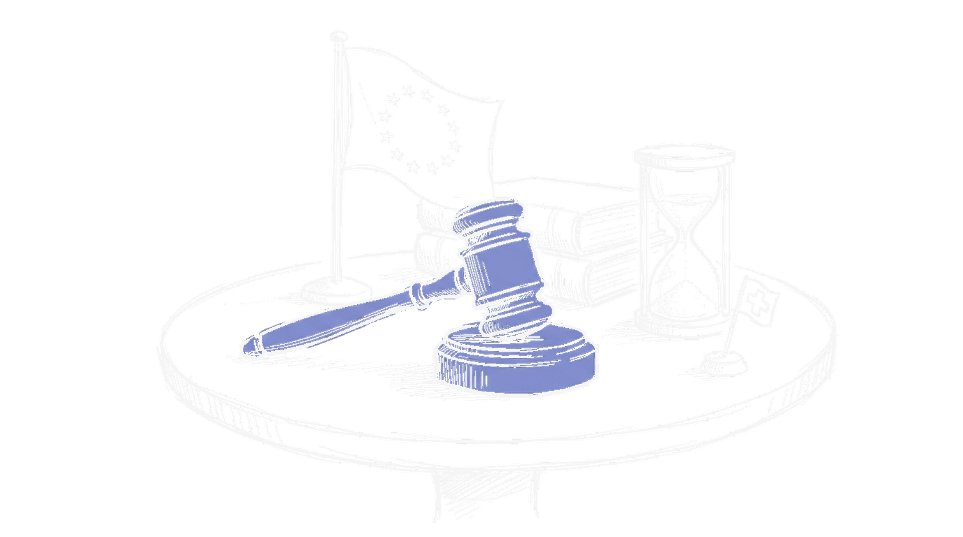 Handgezeichnete Skizze eines Richterhammers mit EU-Flagge und Schweizer Kreuz