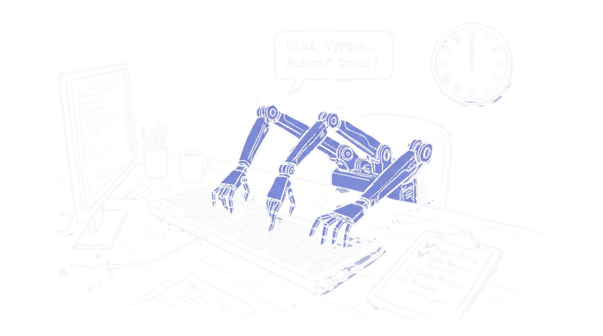 Handgezeichnete Skizze von Roboterarmen an einem Schreibtisch mit Tastatur und Checkliste