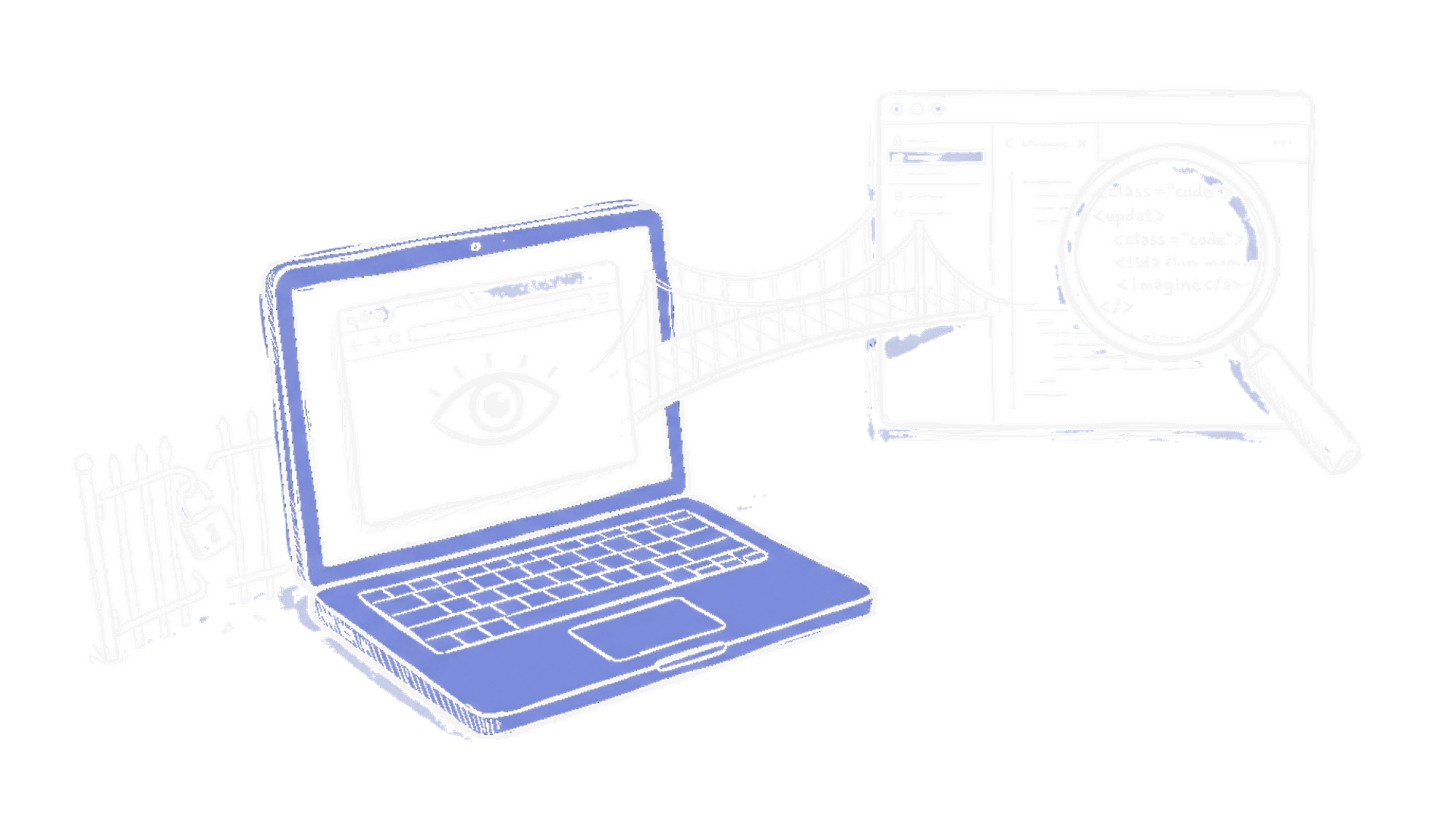Handgezeichnete Skizze eines Laptops mit Auge-Symbol im Browser und offener Brücke zum Desktop