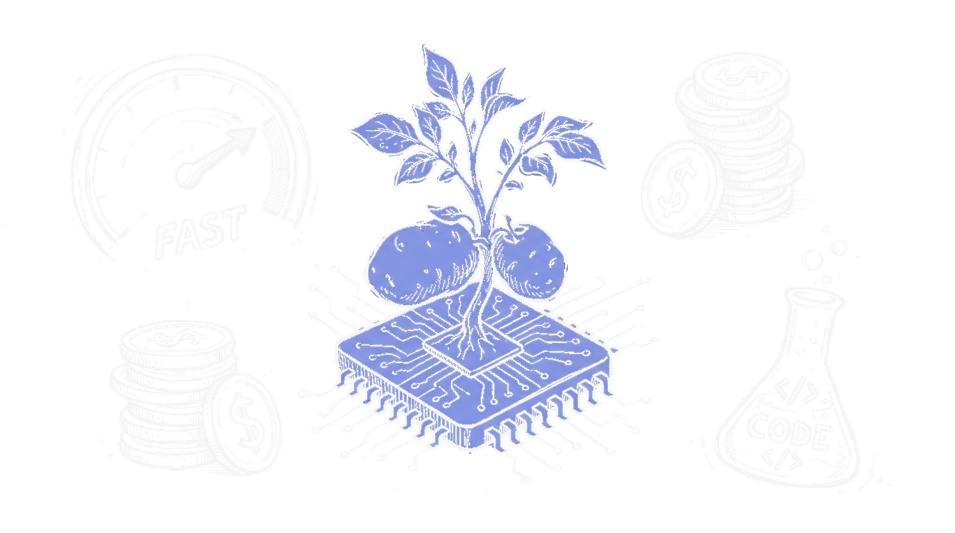 Handgezeichnete Skizze einer Kartoffelpflanze die aus einem Computerchip wächst mit Tachometer