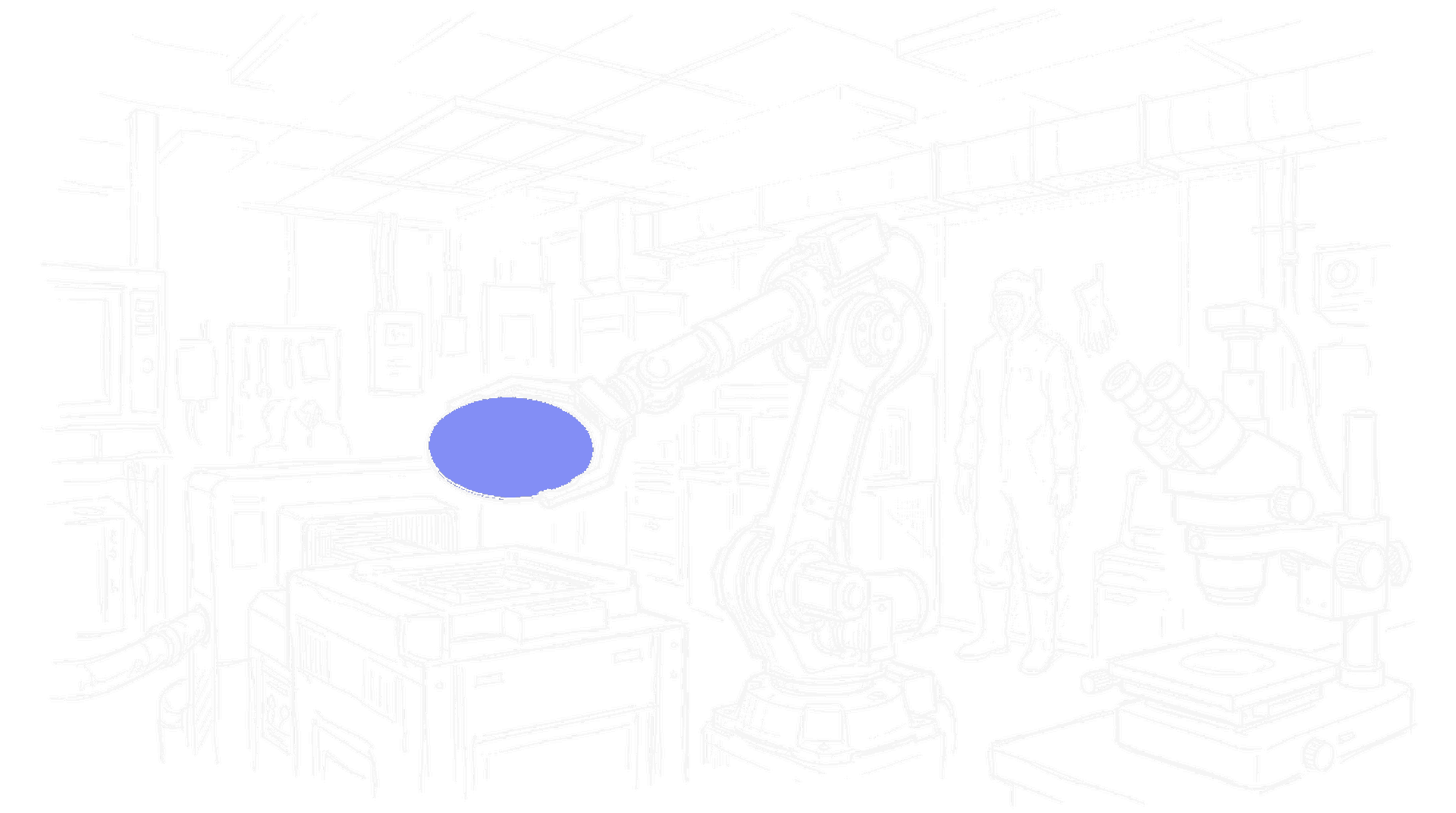 Illustration eines Halbleiter-Reinraums mit Roboterarm, kinewsletter.ch Stil