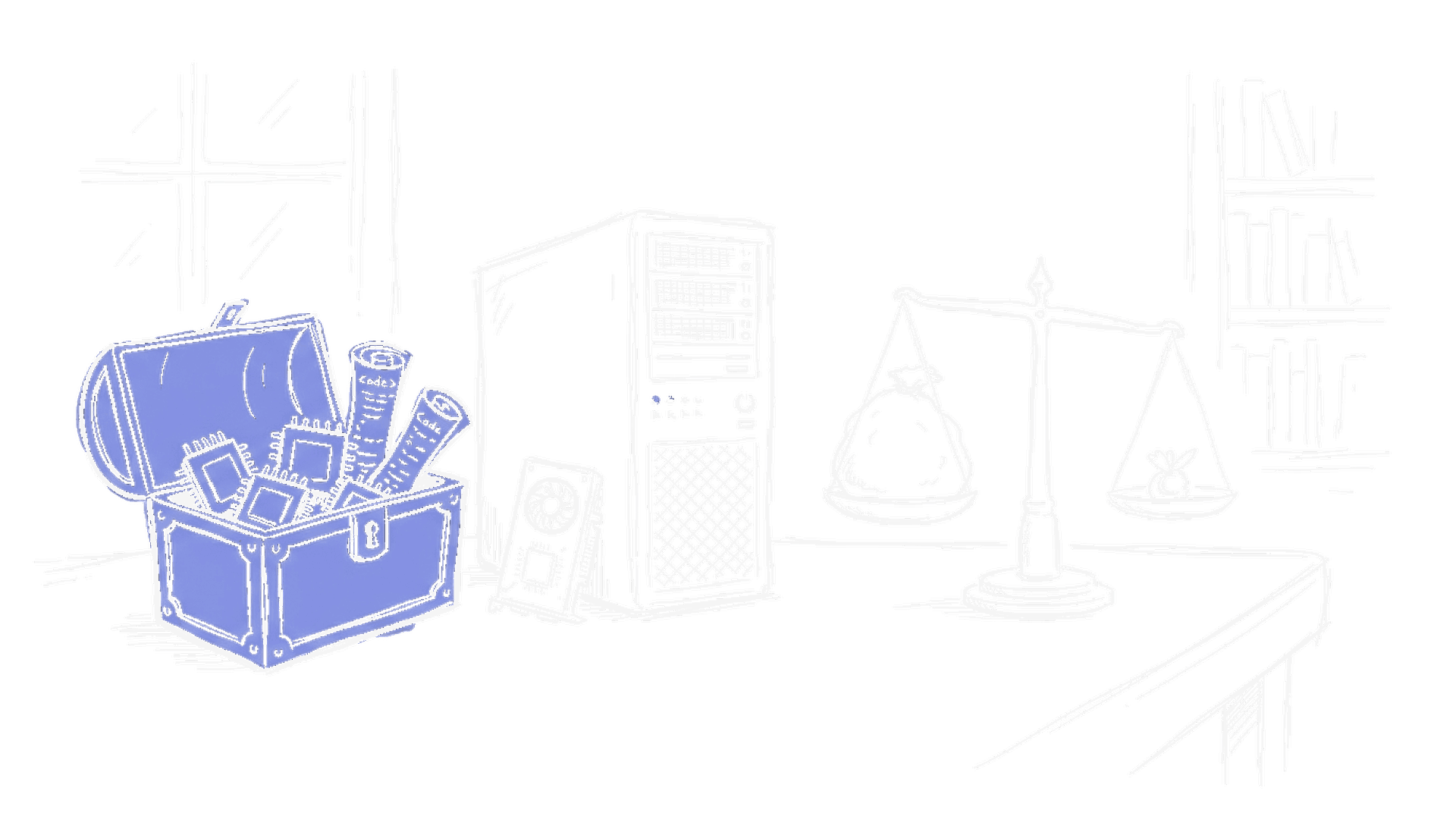 Handgezeichnete Skizze einer offenen Schatztruhe mit Chips und einer Waage