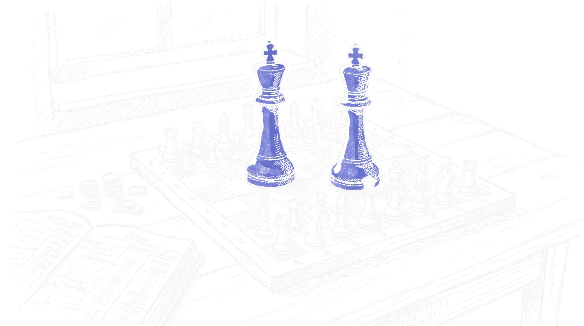 Illustration mit zwei blauen Königen auf Schachbrett und Goldmünzen, kinewsletter.ch Stil