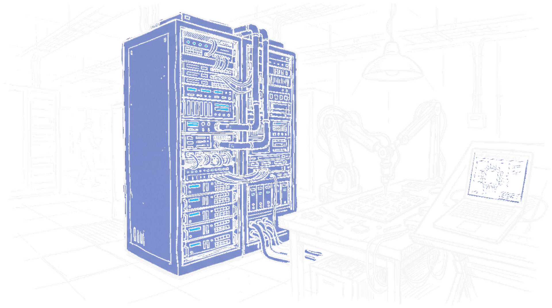 Illustration eines Server-Racks mit Roboterarm und Laptop-Blueprint, kinewsletter.ch Stil
