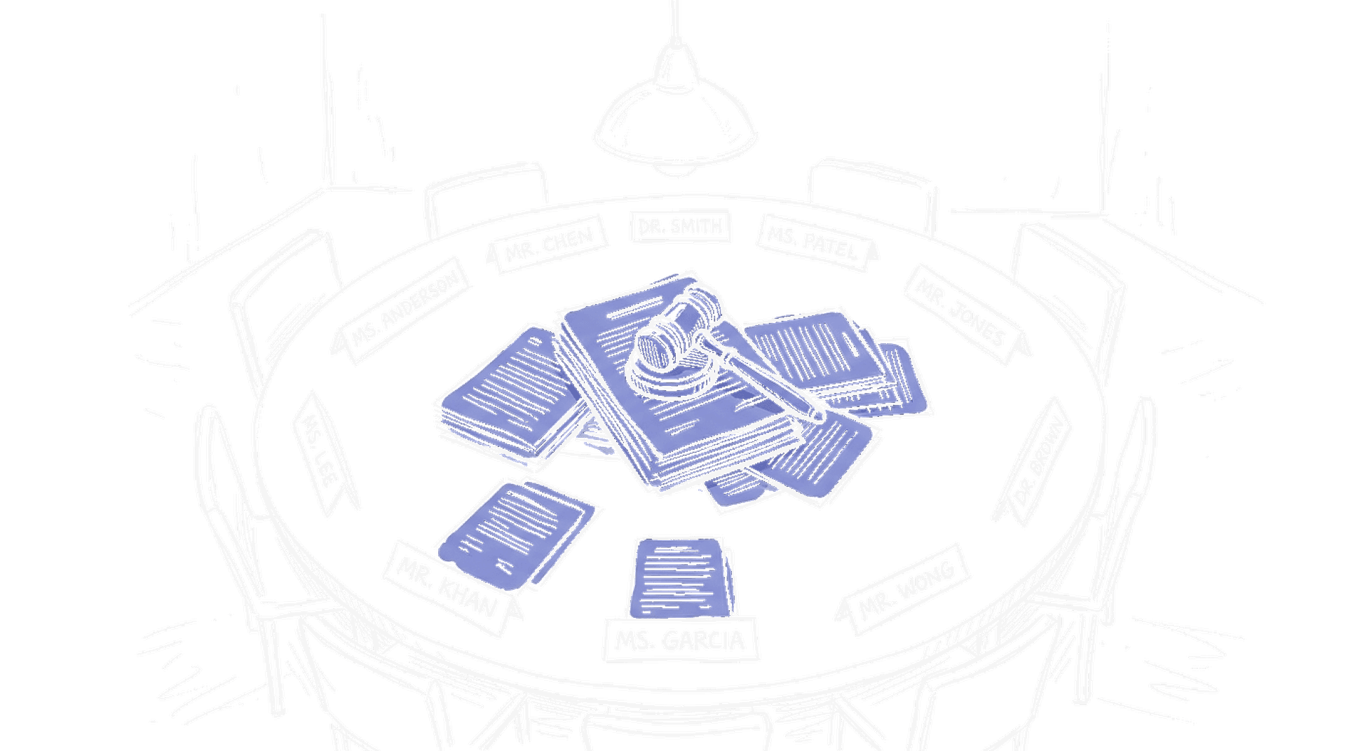 Illustration eines Verhandlungstisches mit Gesetzbüchern und Hammer, kinewsletter.ch Stil