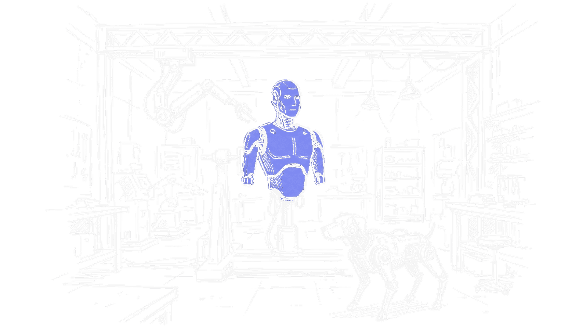 Illustration einer Werkshalle mit Humanoid-Roboter und Vierbeiner, kinewsletter.ch Stil