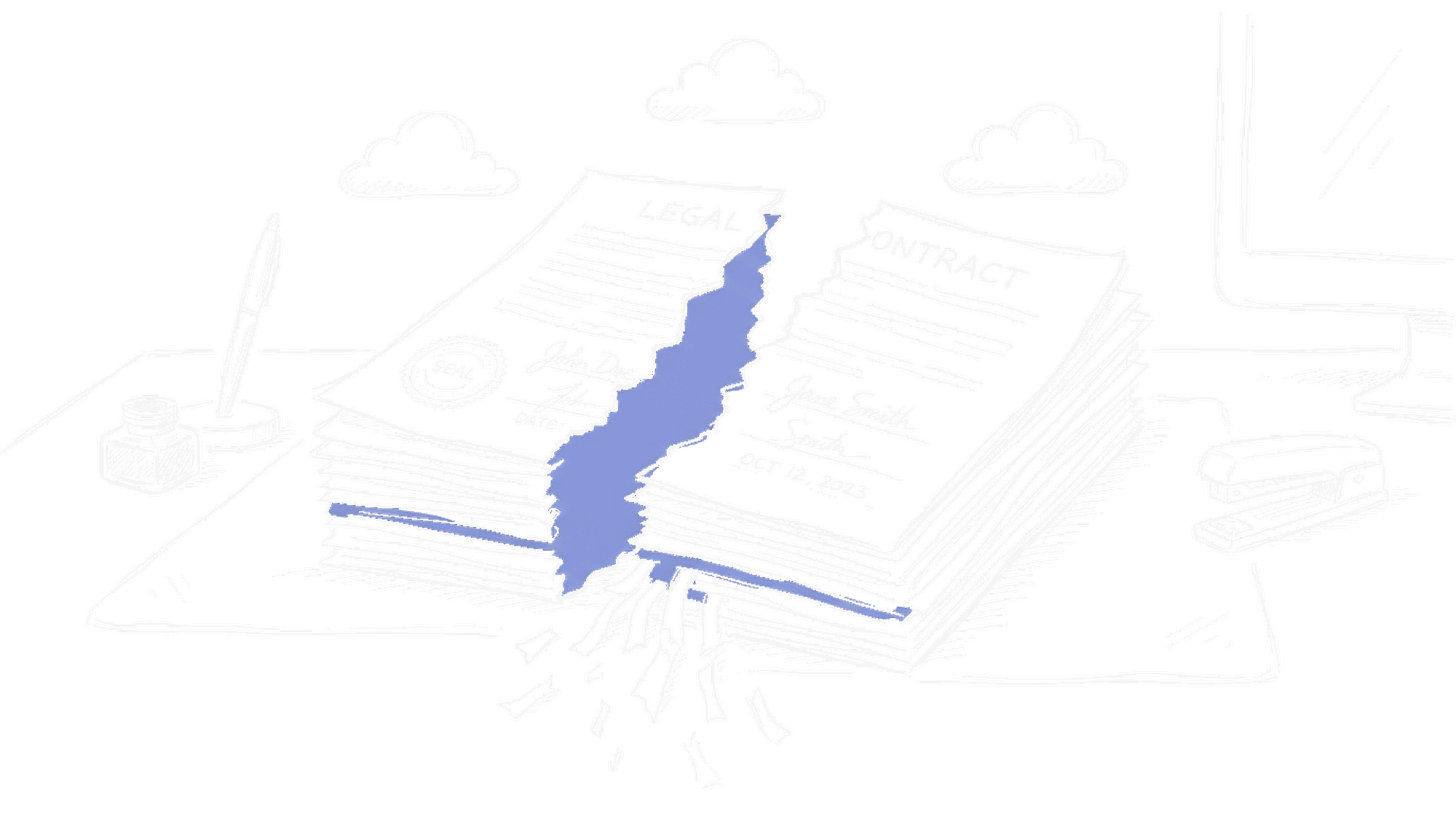 Illustration eines auseinanderbrechenden Vertragsstapels mit drei Cloud-Symbolen, kinewsletter.ch Stil