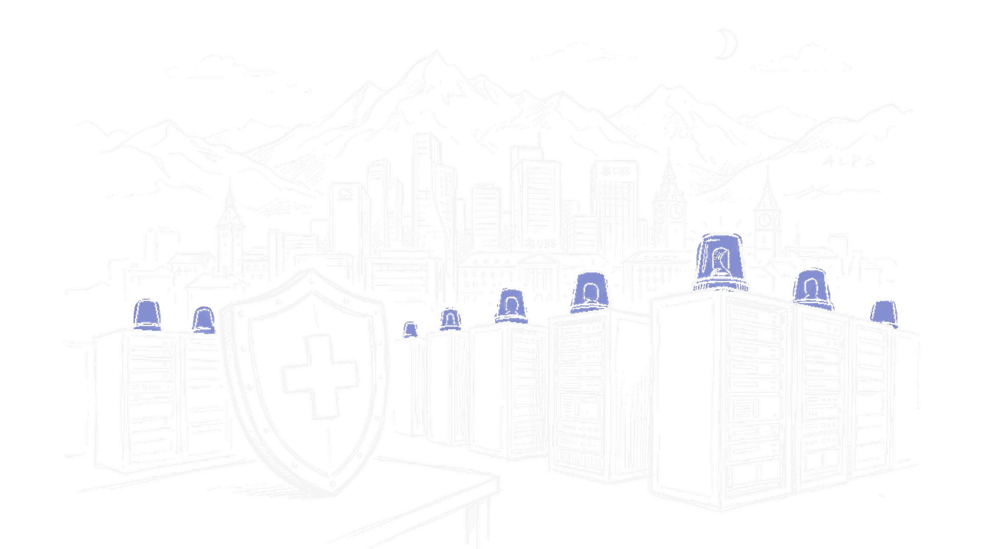 Illustration einer Schweizer Finanzplatz-Skyline mit roten Warnsymbolen über Servern, kinewsletter.ch Stil