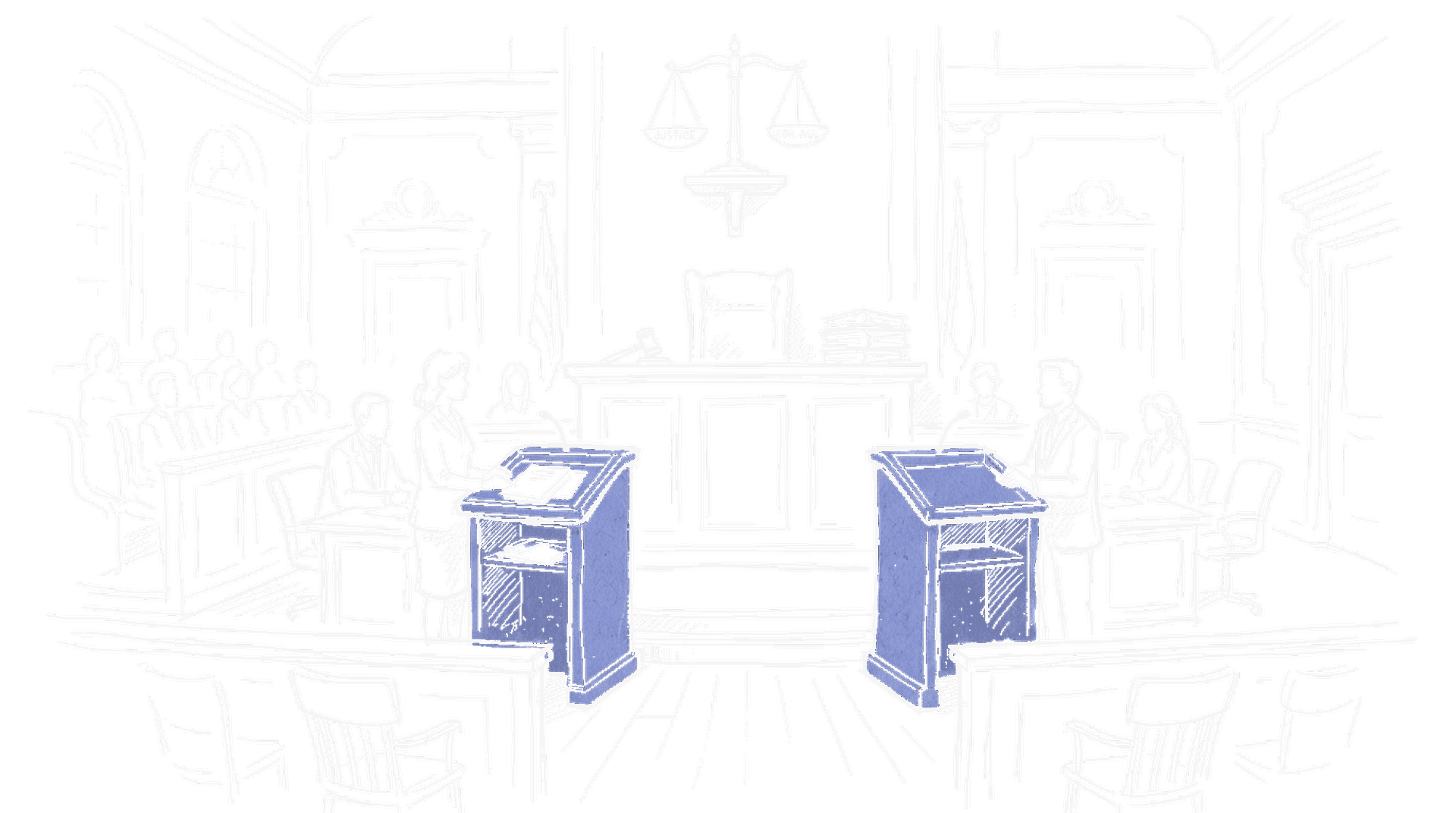 Illustration eines Gerichtssaals mit zwei gegenüberstehenden Anwaltspulten und einem Charity-Symbol über dem Richtertisch, kinewsletter.ch Stil
