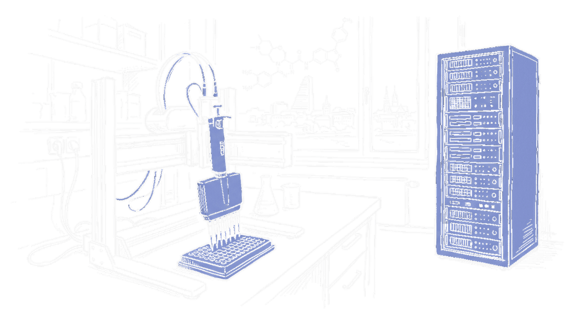 Illustration eines Pharma-Labors mit Roboter-Pipette und GPU-Server-Rack im kinewsletter.ch Skizzen-Stil