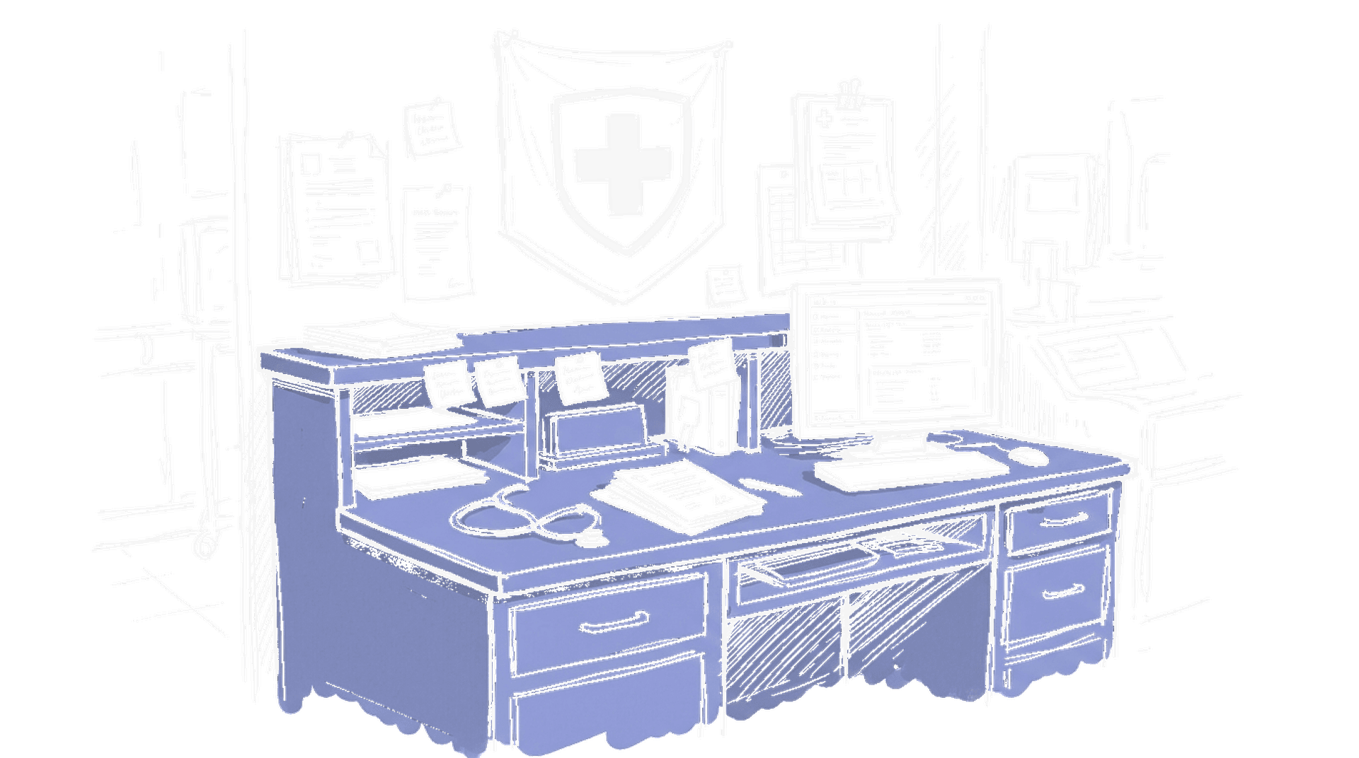 Illustration einer Notaufnahme-Konsole mit Schweizer Kreuz-Logo und einem freundlichen LLM-Symbol auf dem Bildschirm, kinewsletter.ch Stil