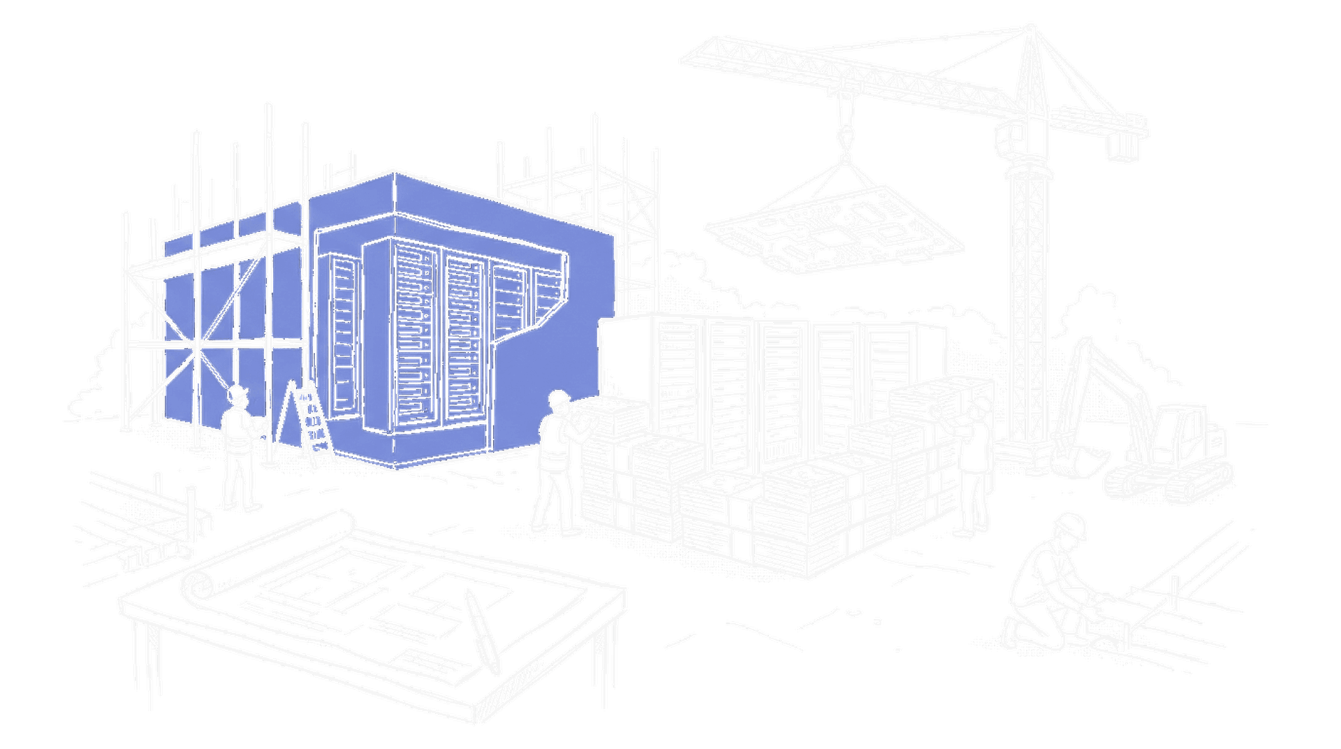 Illustration eines NVIDIA-Datacenters mit Baugerüsten und Geldscheinen, kinewsletter.ch Stil