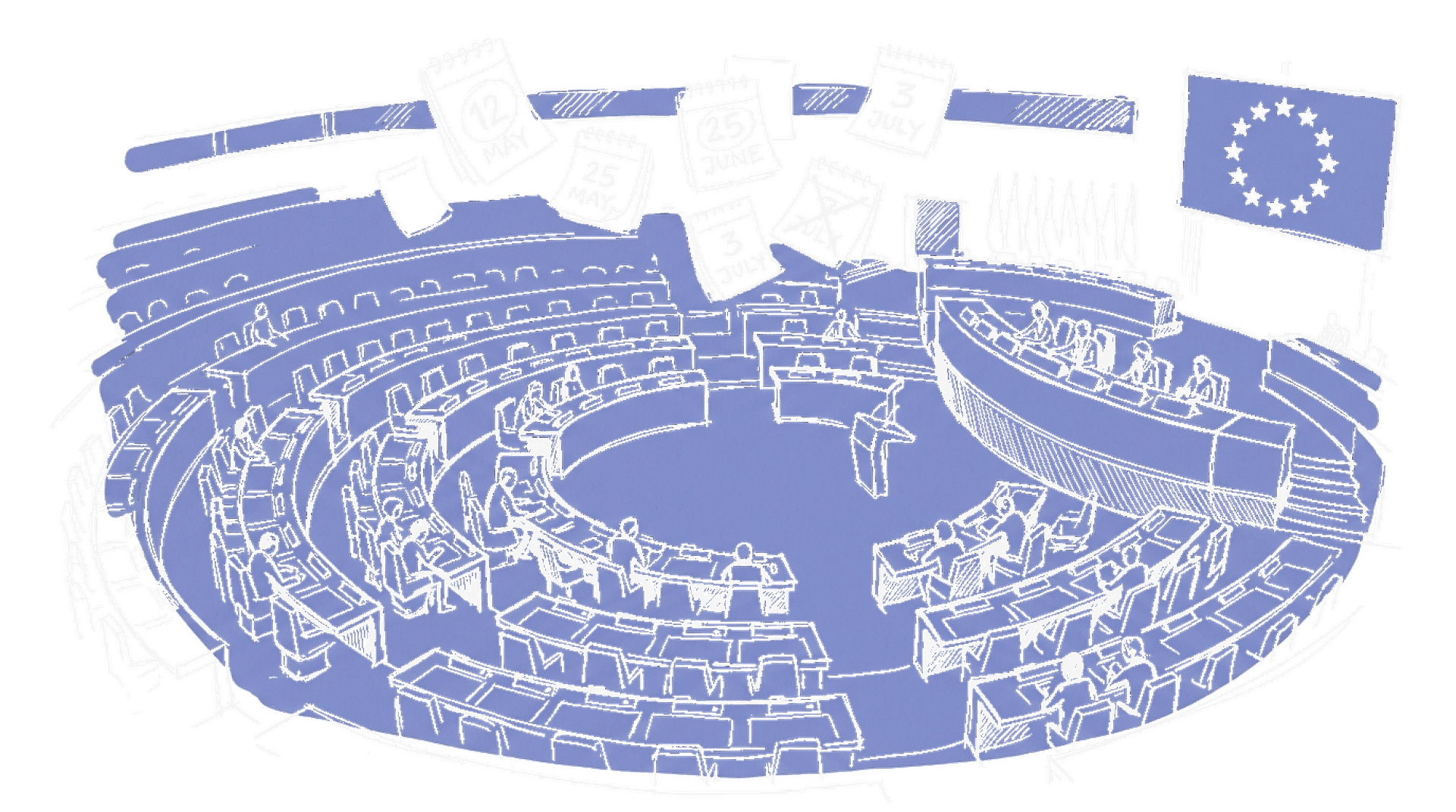 Illustration des Strassburger EU-Parlamentsgebäudes mit Verhandlungstischen, kinewsletter.ch Stil