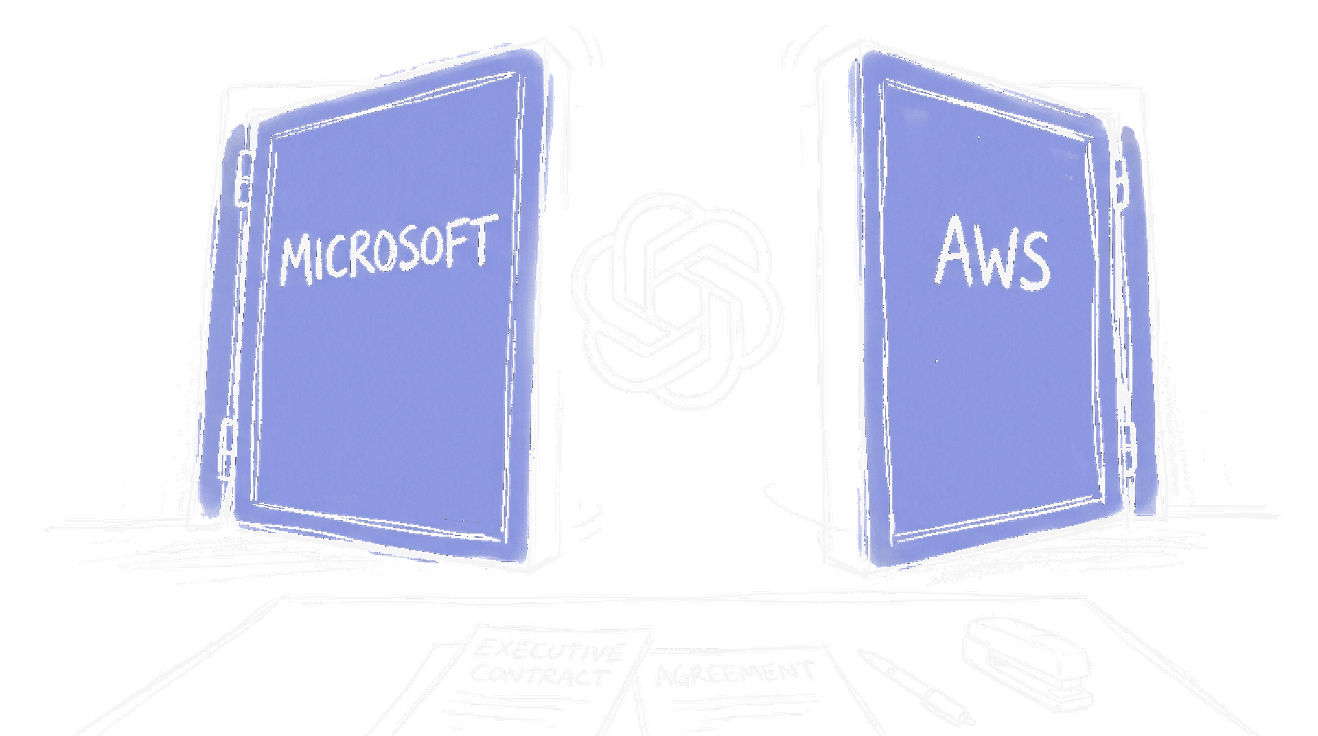 Illustration zweier sich öffnender Türen mit Microsoft- und AWS-Symbolen, OpenAI-Logo dazwischen, kinewsletter.ch Stil