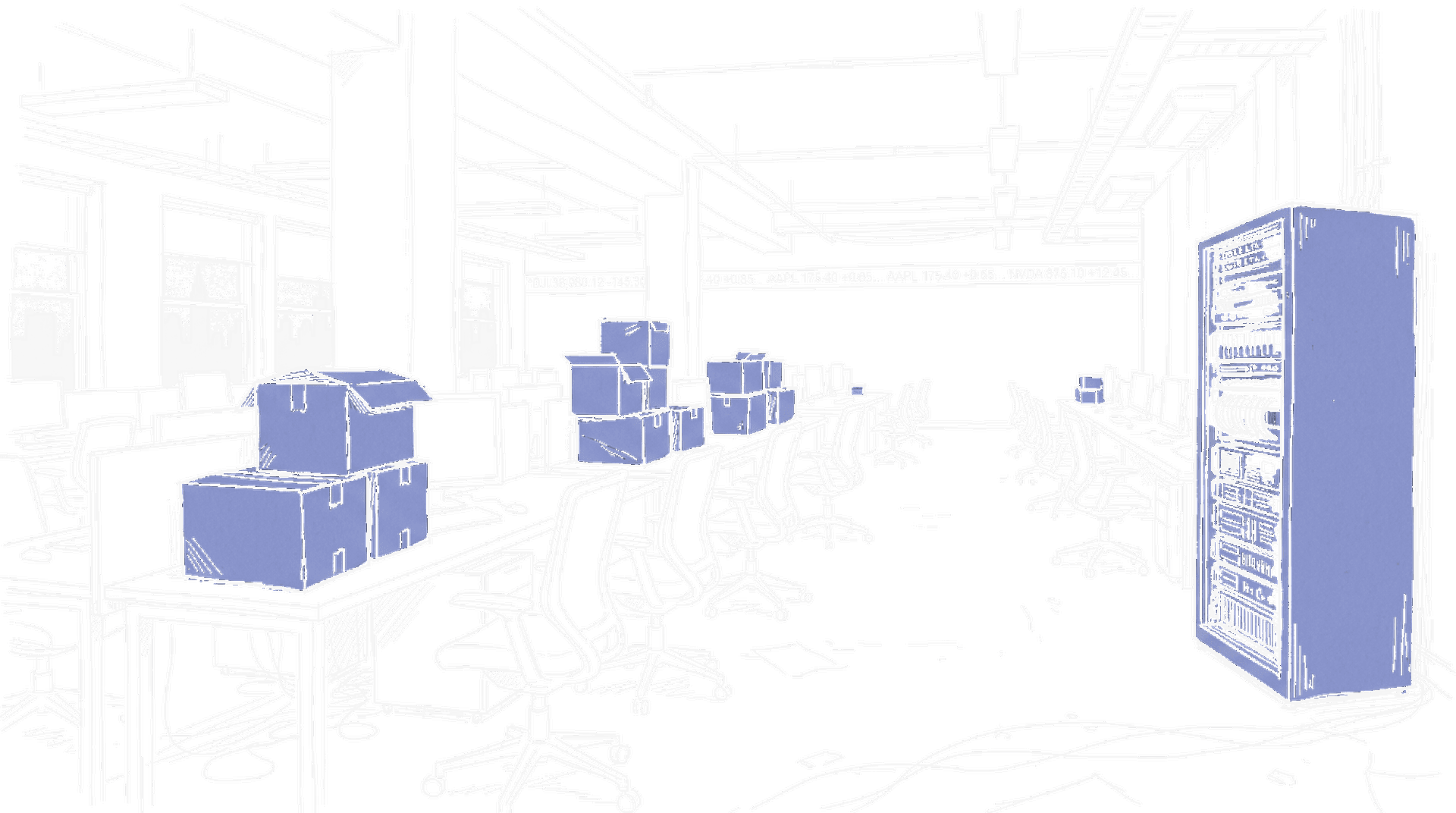 Illustration leeres Büro mit Kartonschachteln und Server-Rack, kinewsletter.ch Stil